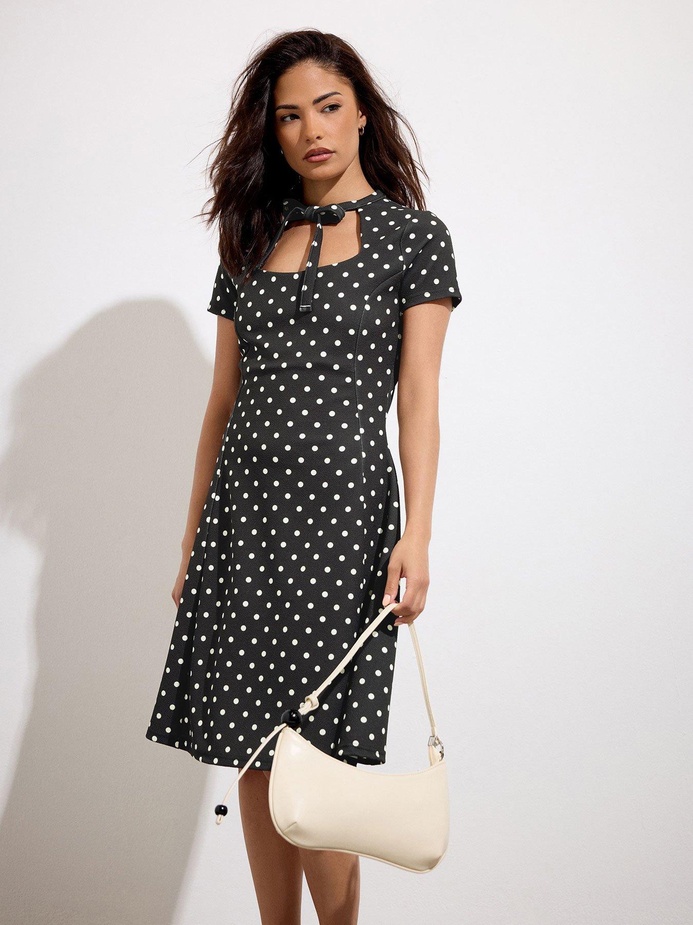 PixieGirl Petite Polka Dot Tie Front Mini Dress - Black  &  White