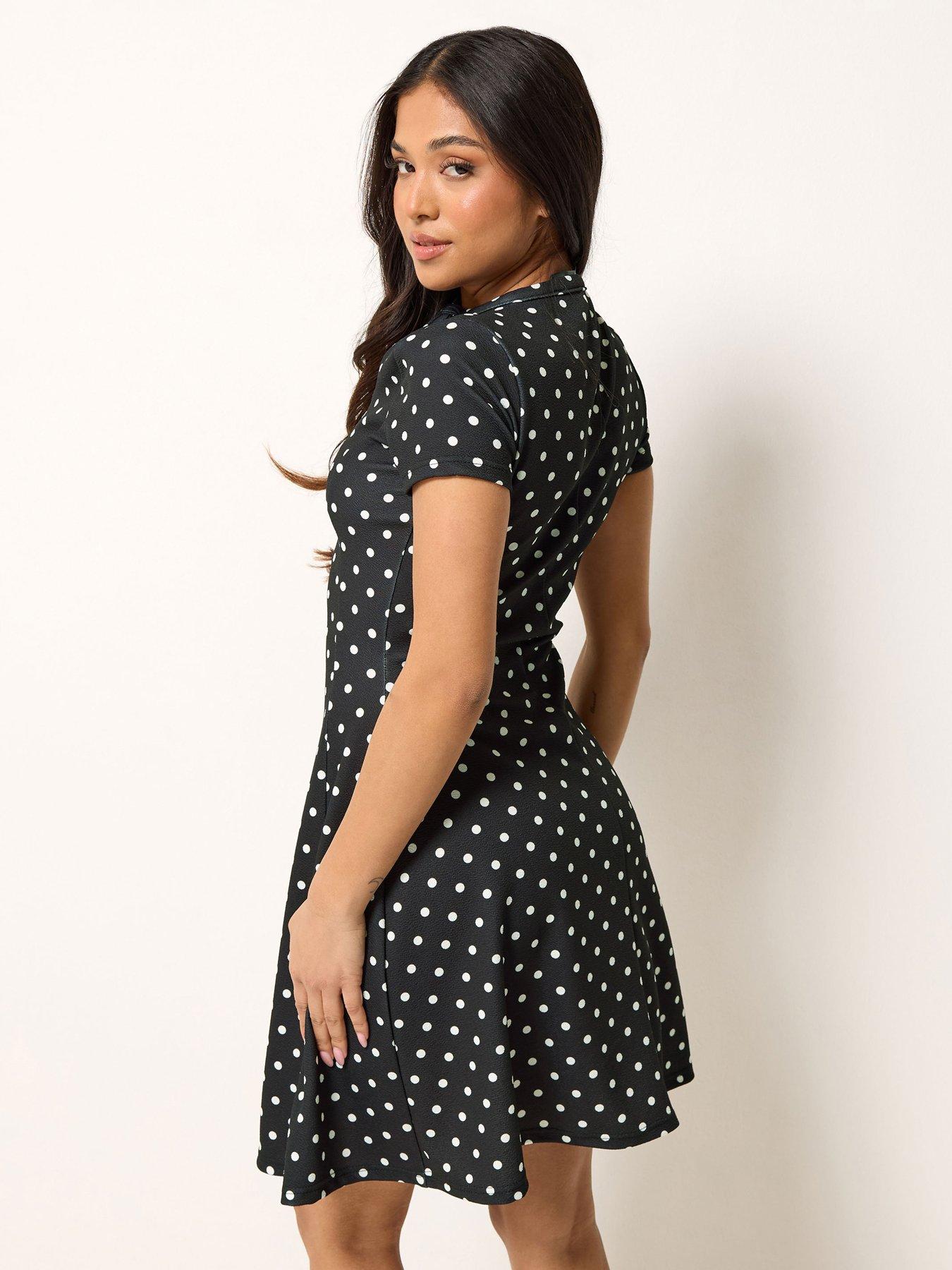 Image 2 of 4 of PixieGirl Petite Polka Dot Tie Front Mini Dress - Black &amp; White