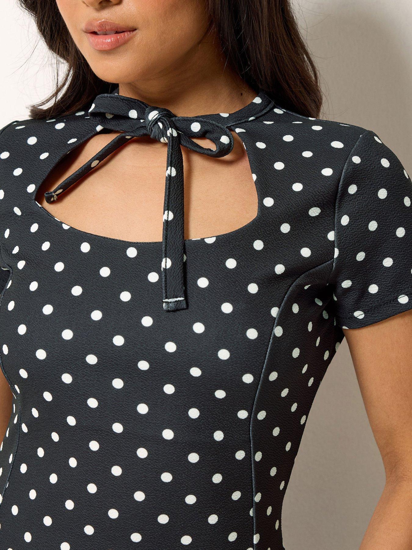 Image 4 of 4 of PixieGirl Petite Polka Dot Tie Front Mini Dress - Black &amp; White