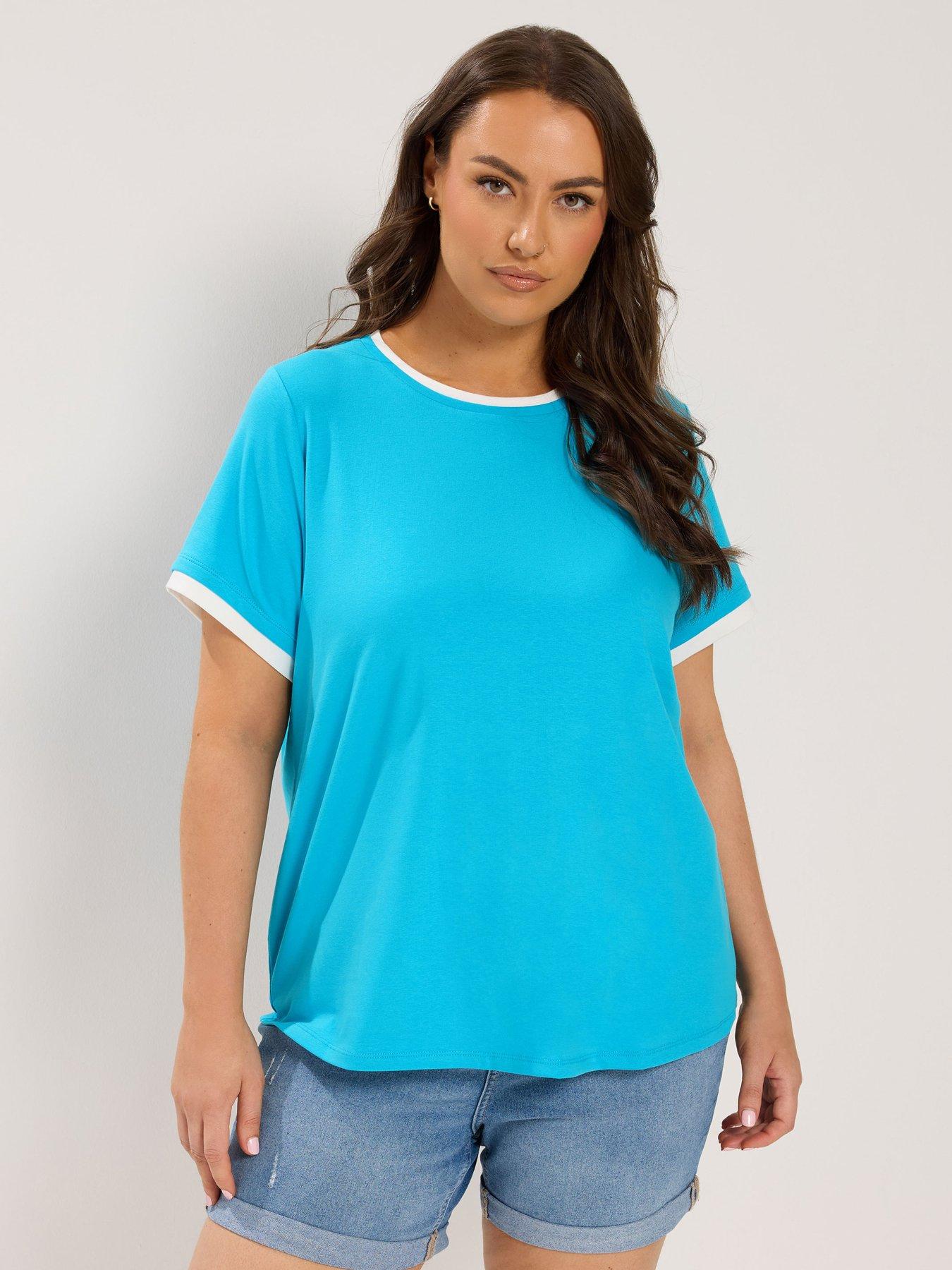 Yours Curve Premium Interlock Ringer T-Shirt - Blue