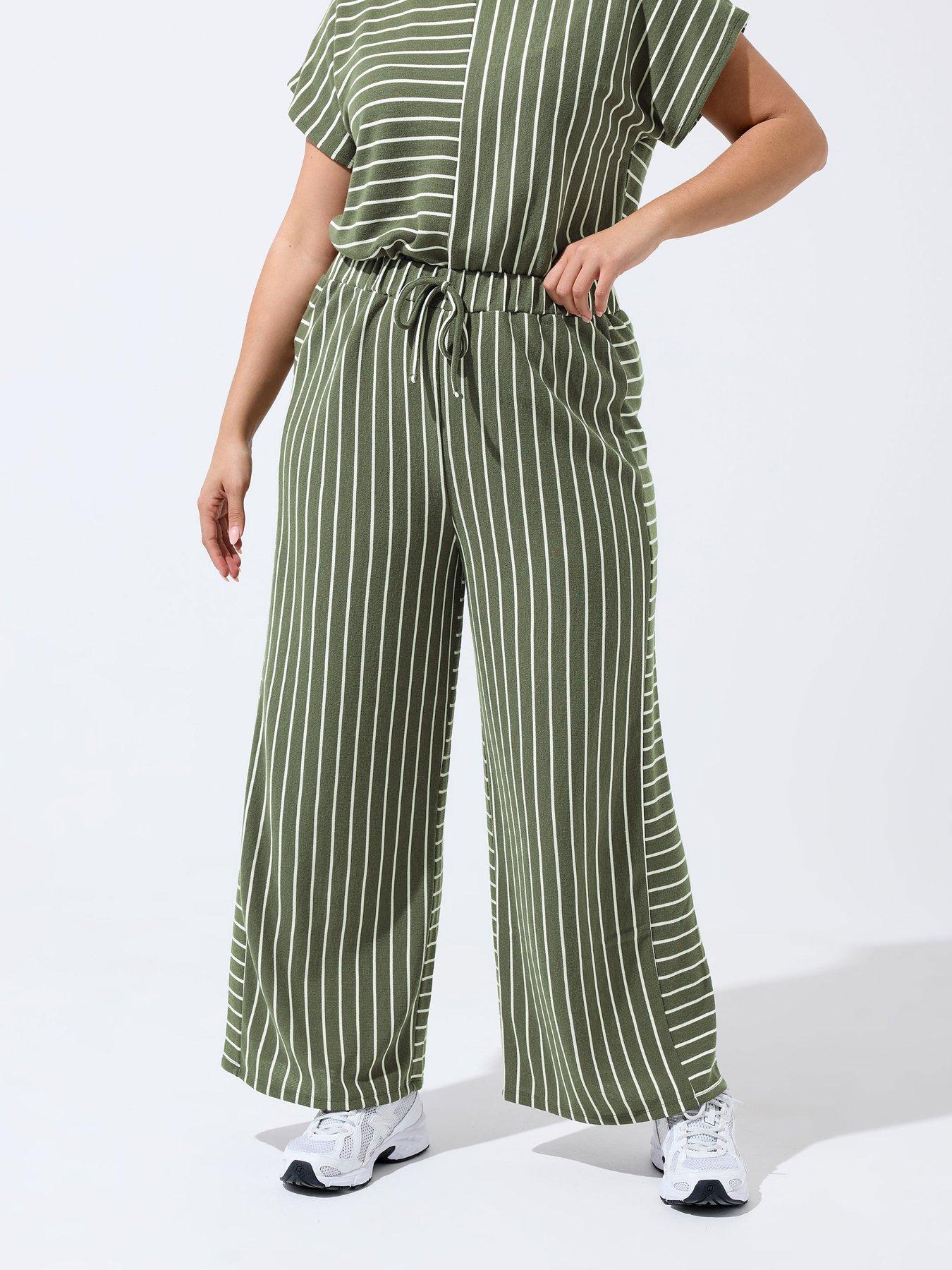 Yours Curve Khaki Stripe Trousers - Green