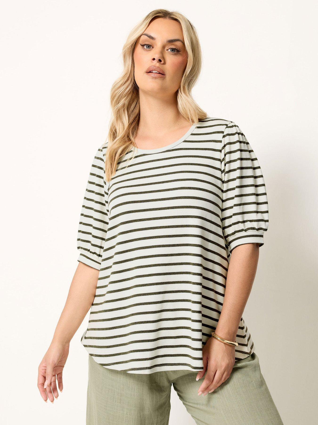 Yours Curve Stripe Puff Sleeve Top - Green