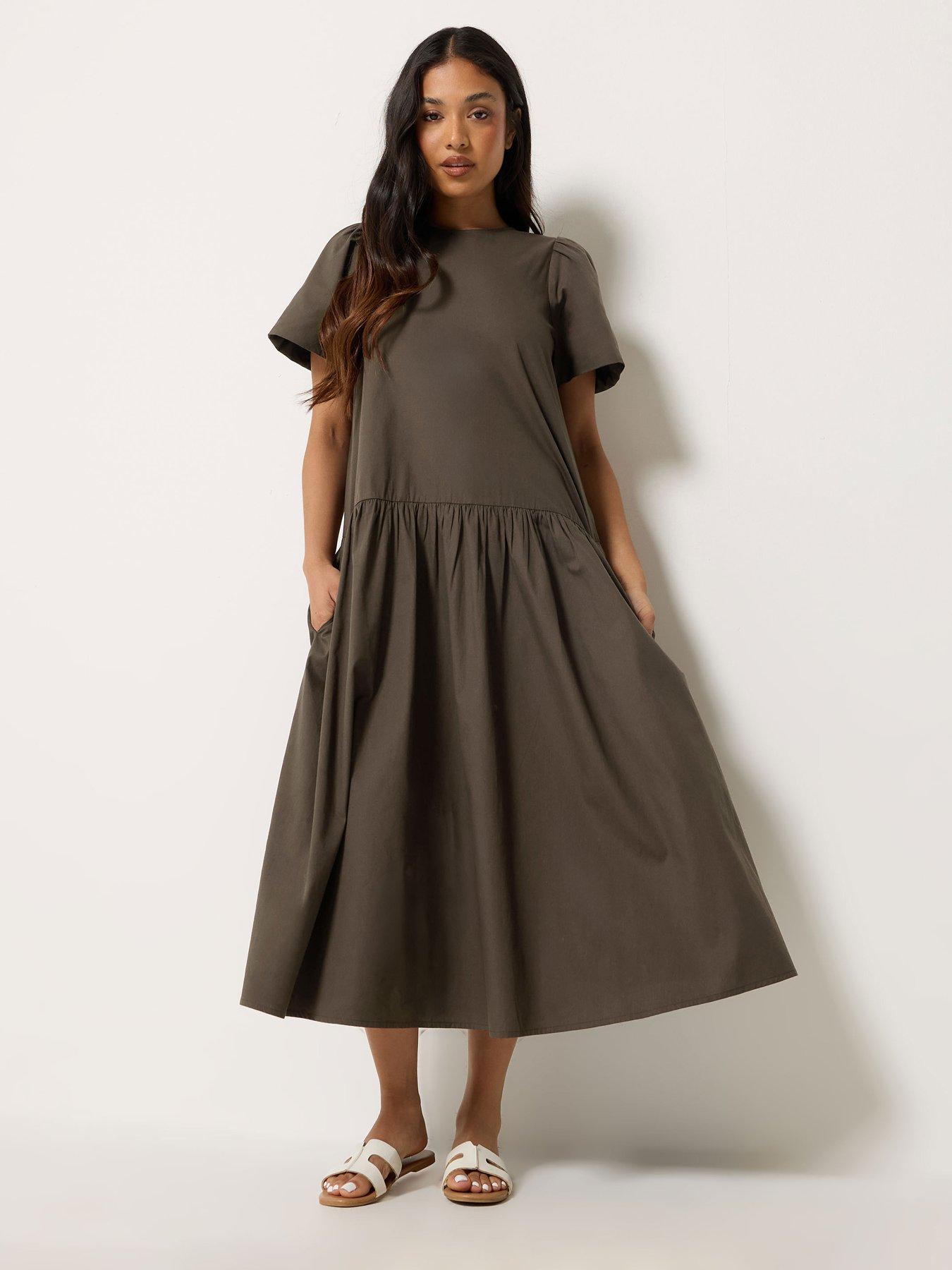 Image 1 of 4 of PixieGirl Petite Poplin Volume Maxi Dress - Brown