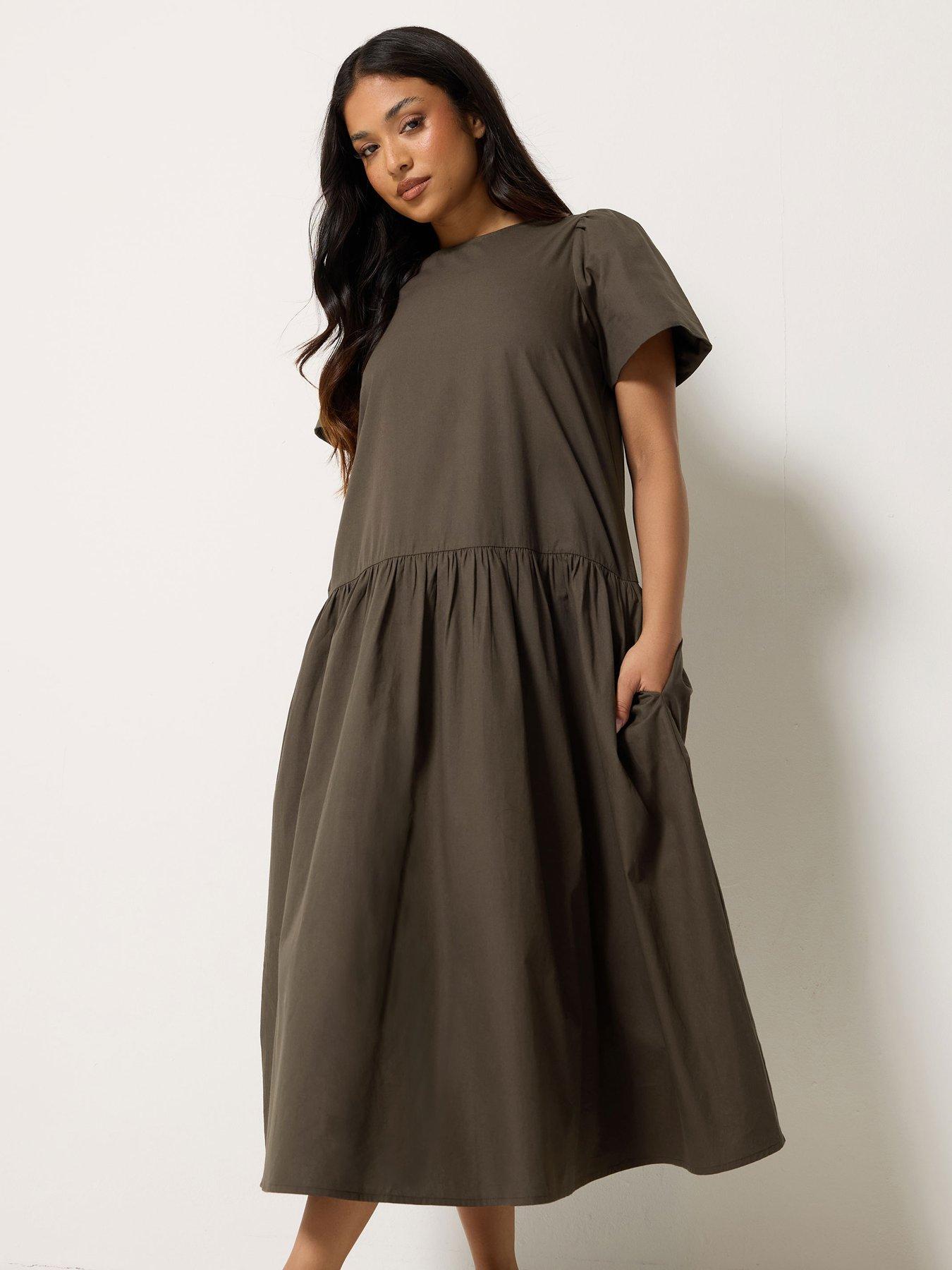 Image 3 of 4 of PixieGirl Petite Poplin Volume Maxi Dress - Brown