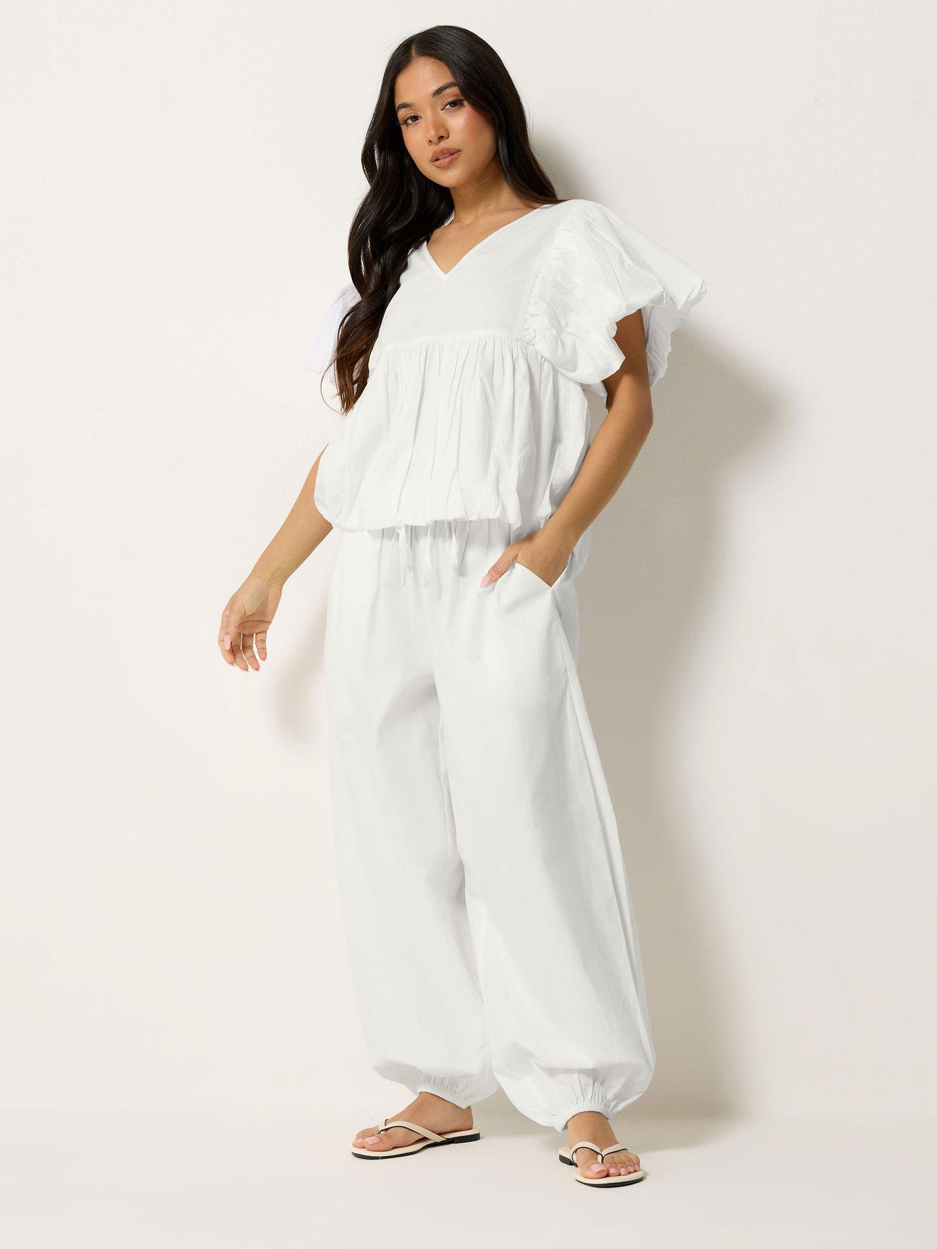 Image 3 of 4 of PixieGirl Petite Poplin Cuff Balloon Pants - White