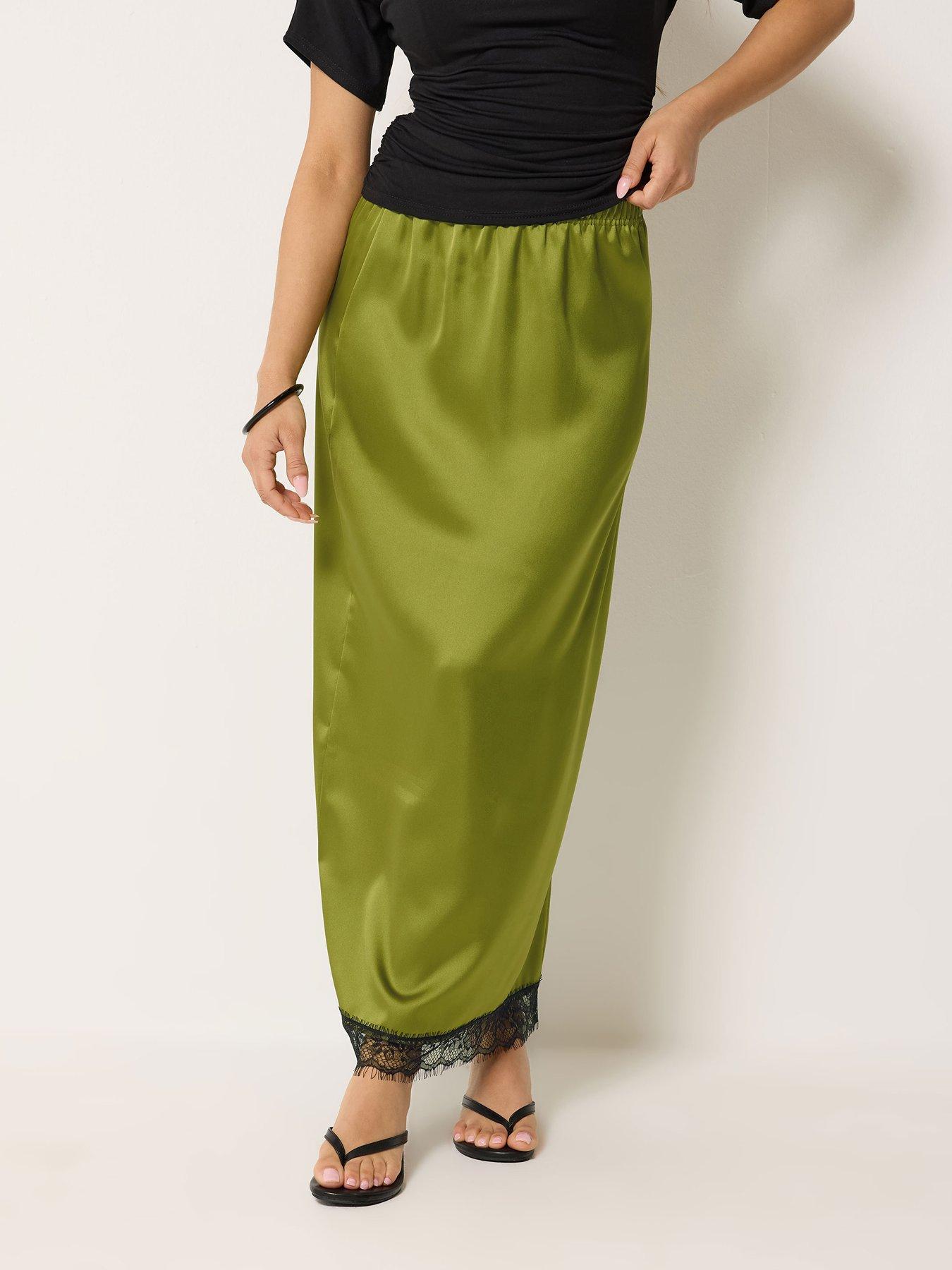 PixieGirl Petite Satin Lace Hem Maxi Skirt - Green