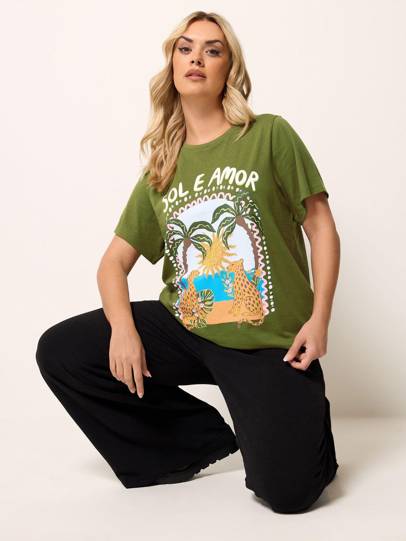 Yours Curve Placement Core Bead T-Shirt - Green
