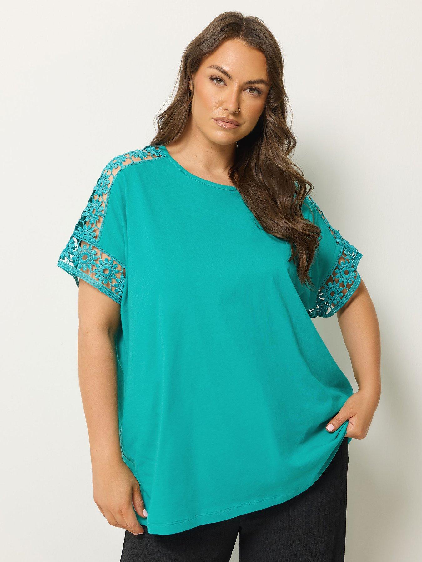 Yours Curve Boxy Crochet T-Shirt - Blue