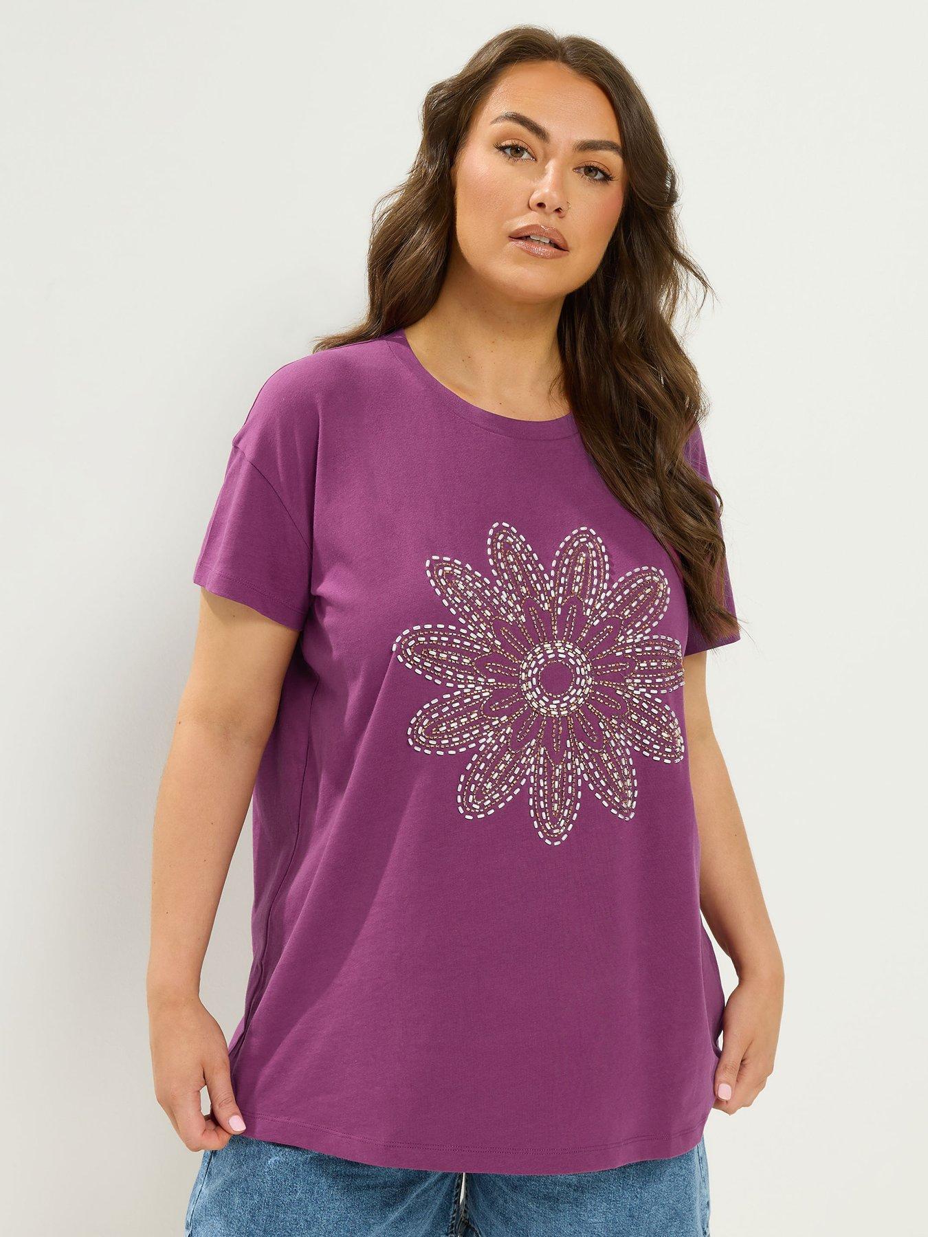 Yours Curve Placement Print Daisy Core T-Shirt - Purple
