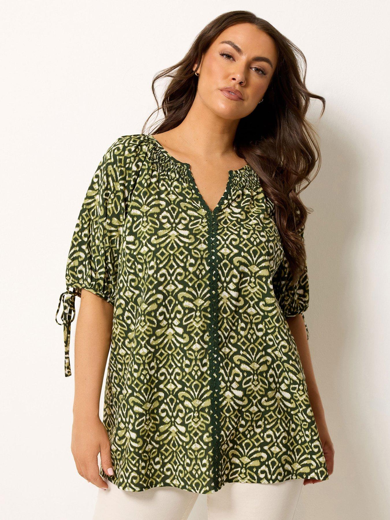 Image 1 of 4 of Yours Curve Ikat Print Blouse - Green