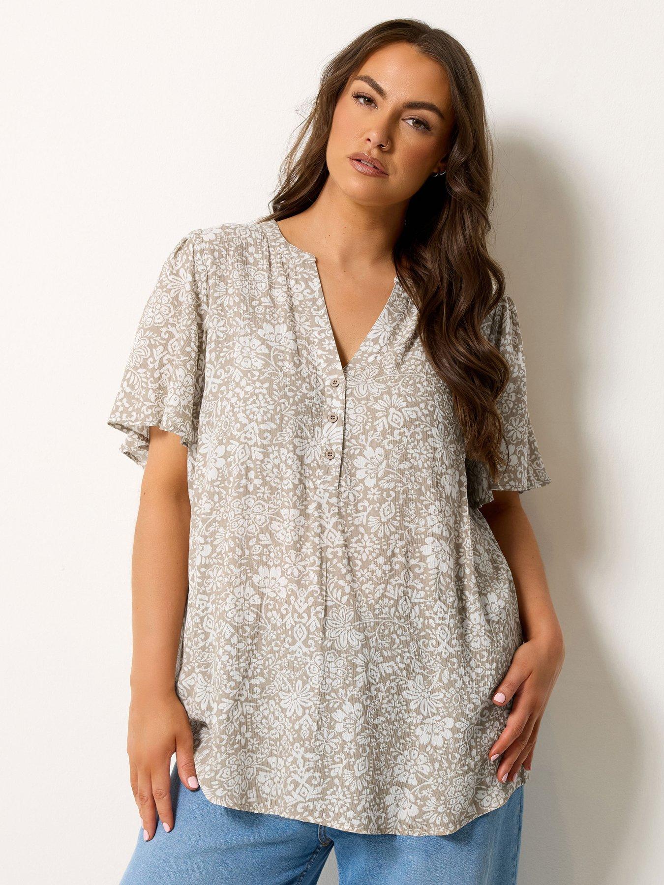 Yours Curve Printed Crinkle Notchneck Blouse - Cream
