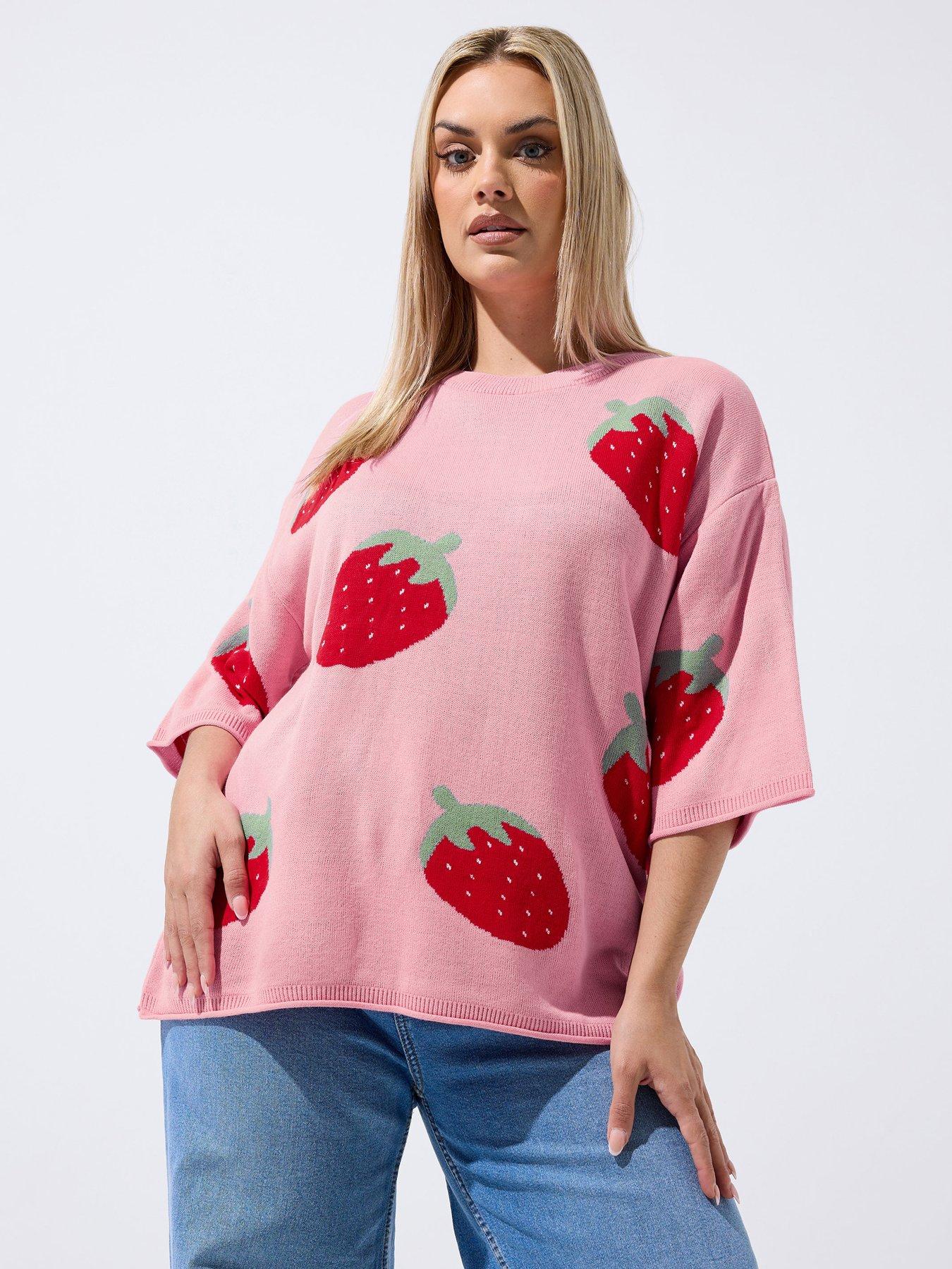 Yours Curve Strawberry Knit Boxy Top - Pink