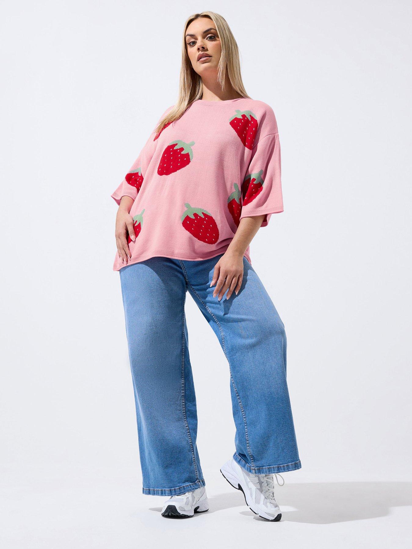 Image 3 of 4 of Yours Curve Strawberry Knit Boxy Top - Pink
