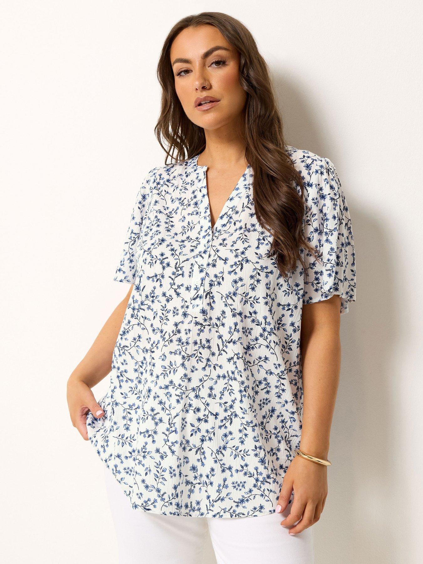 Yours Curve Ditsy Crinkle Notchneck Blouse - White