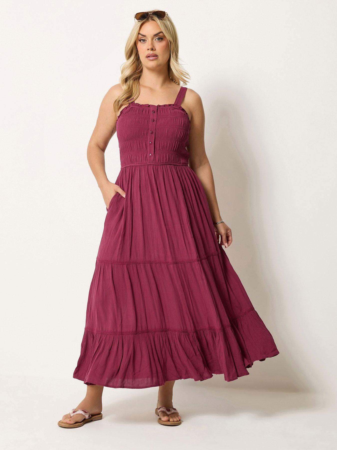 Yours Curve Printed Shirred Placket Dress - Red