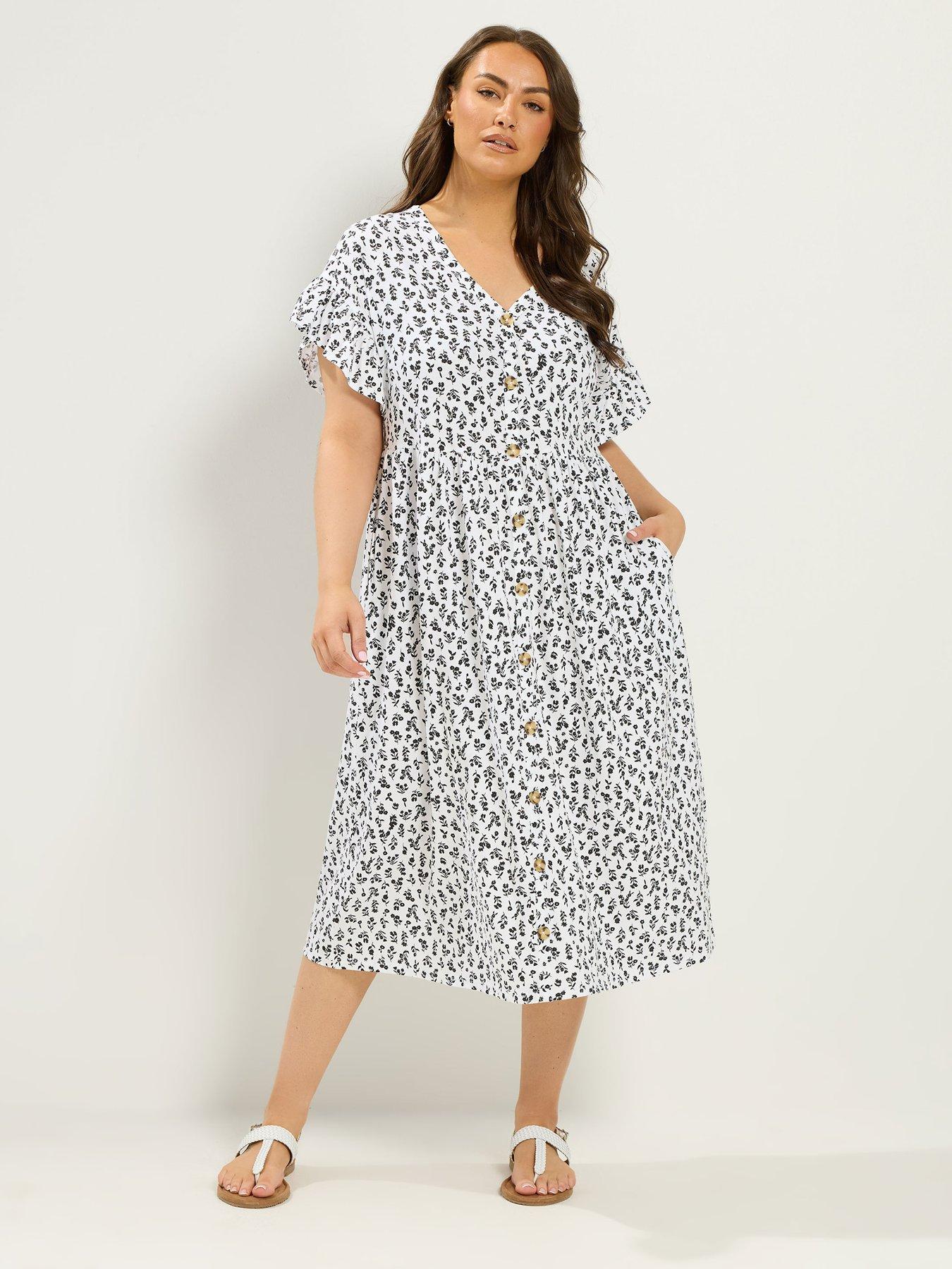 Yours Curve Ditsy Frill Sleeve Button Dress - White