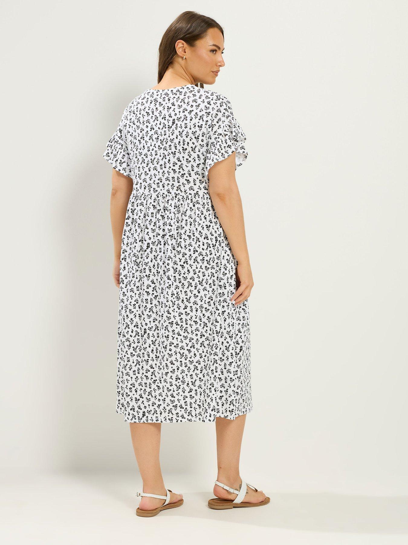 Image 2 of 4 of Yours Curve Ditsy Frill Sleeve Button Dress - White