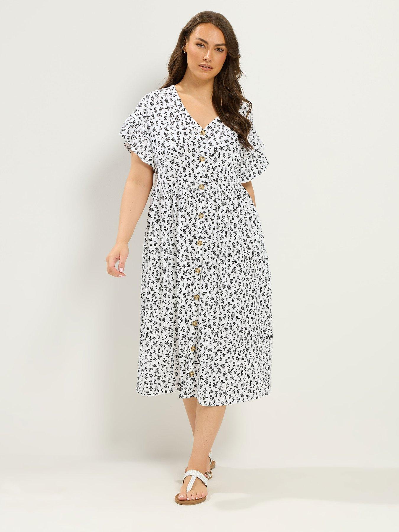 Image 3 of 4 of Yours Curve Ditsy Frill Sleeve Button Dress - White