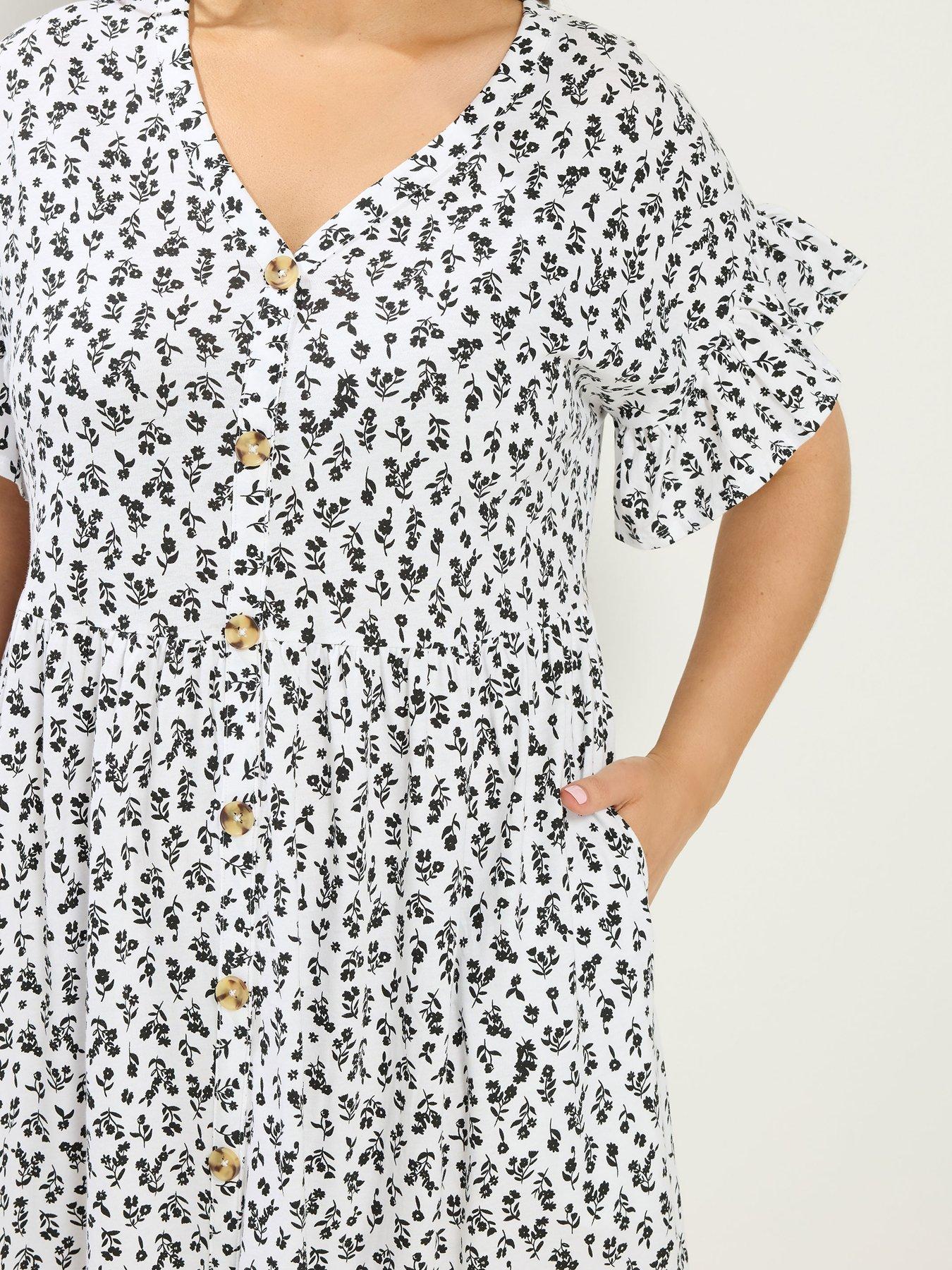 Image 4 of 4 of Yours Curve Ditsy Frill Sleeve Button Dress - White