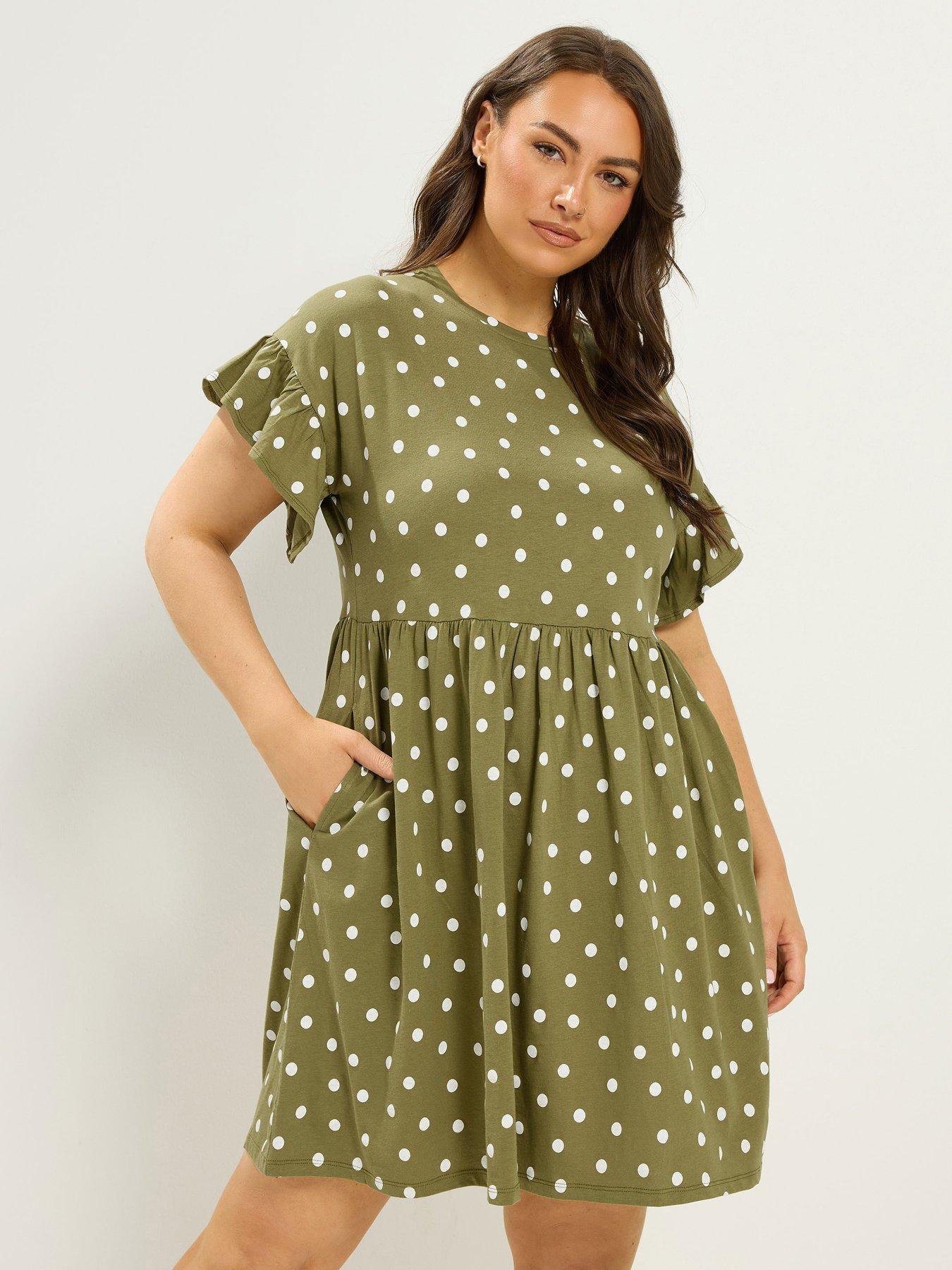 Yours Curve Spot Print Frill Sleeve Tunic Dress - Green