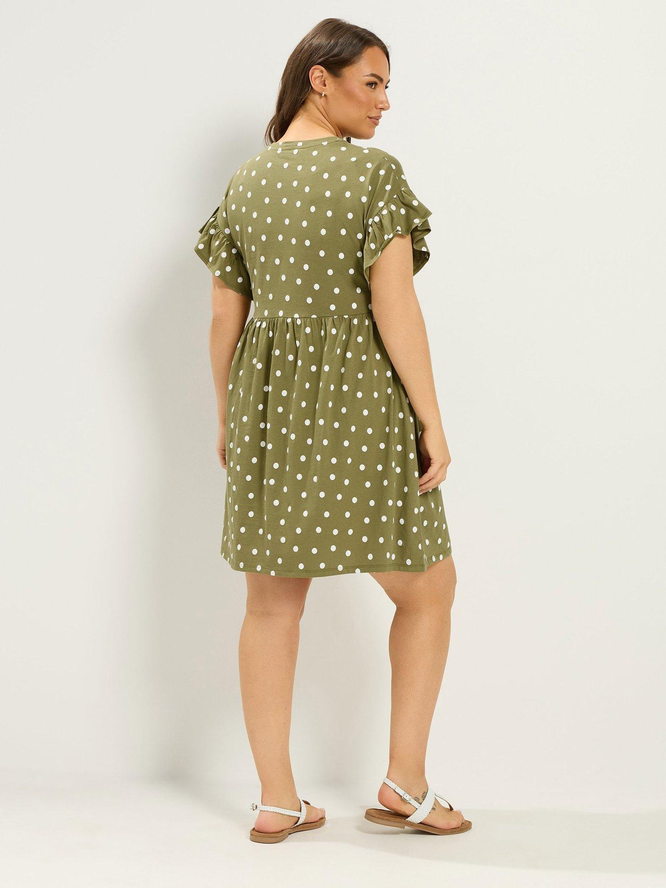 Image 2 of 4 of Yours Curve Spot Print Frill Sleeve Tunic Dress - Green