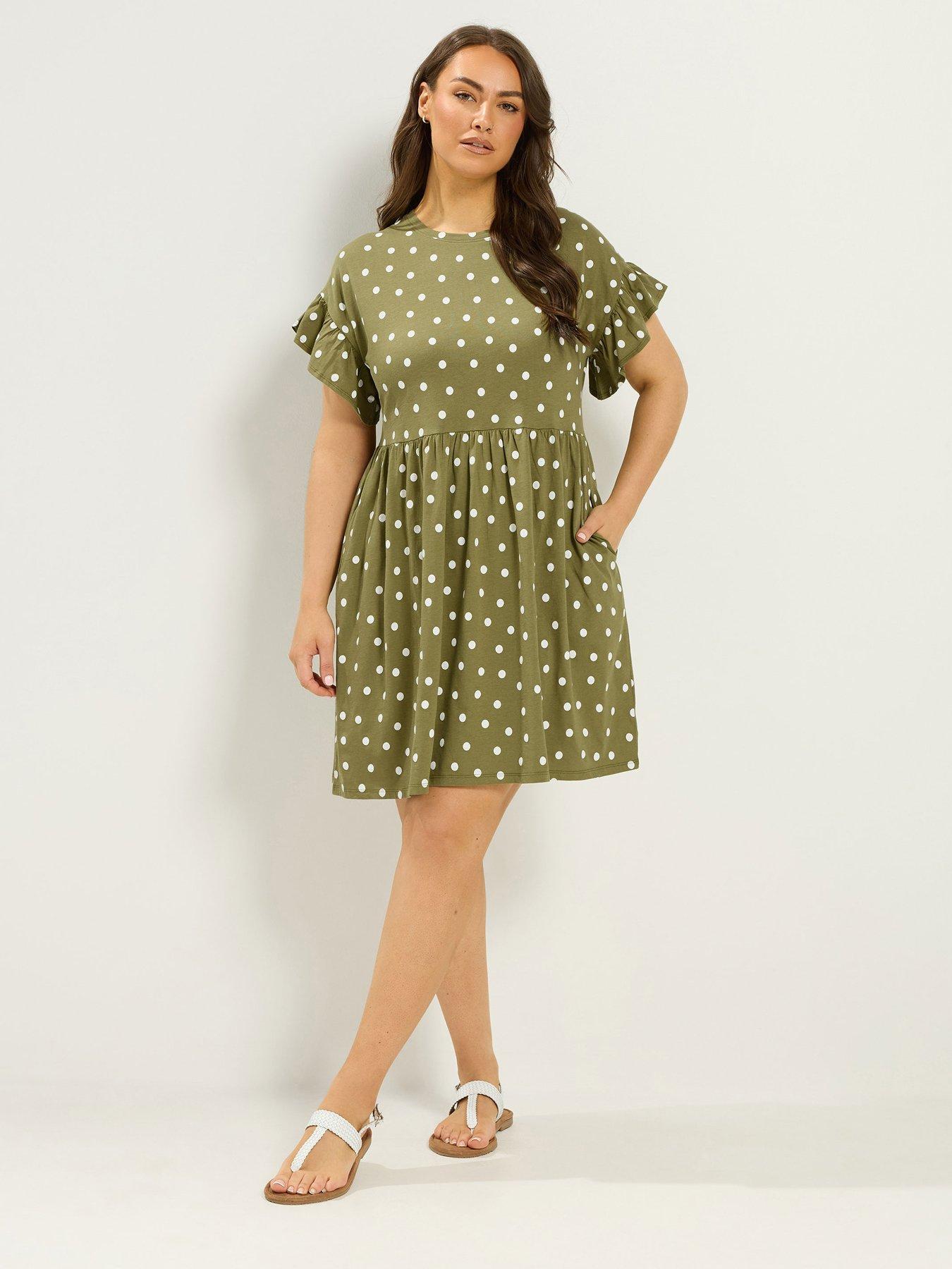 Image 3 of 4 of Yours Curve Spot Print Frill Sleeve Tunic Dress - Green