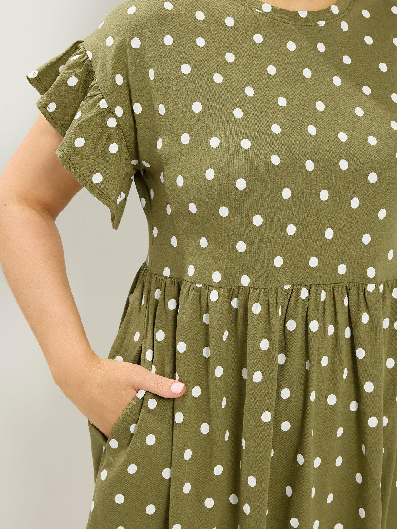 Image 4 of 4 of Yours Curve Spot Print Frill Sleeve Tunic Dress - Green
