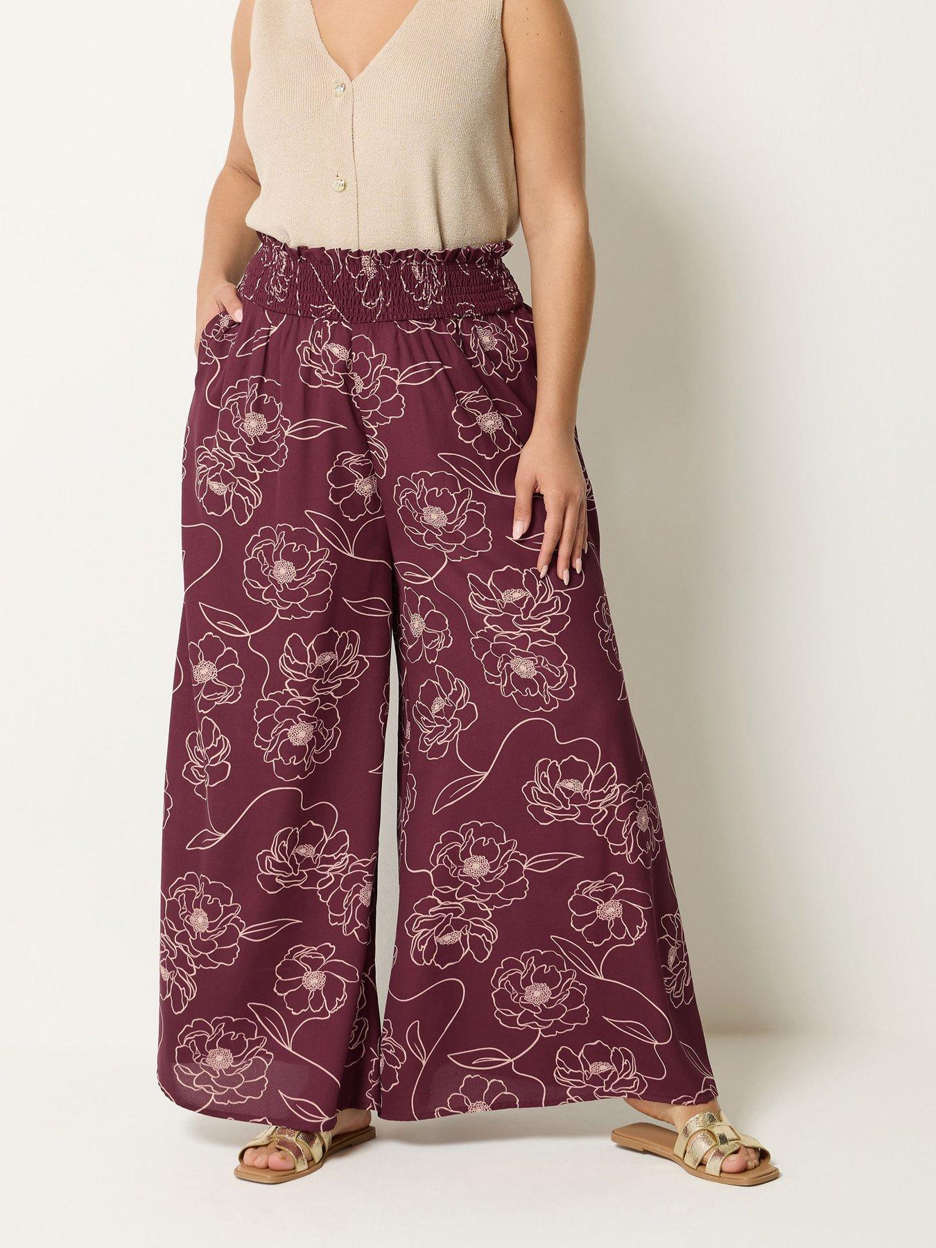 Yours Curve Floral Shirred Wide Leg Trousers 28" - Purple