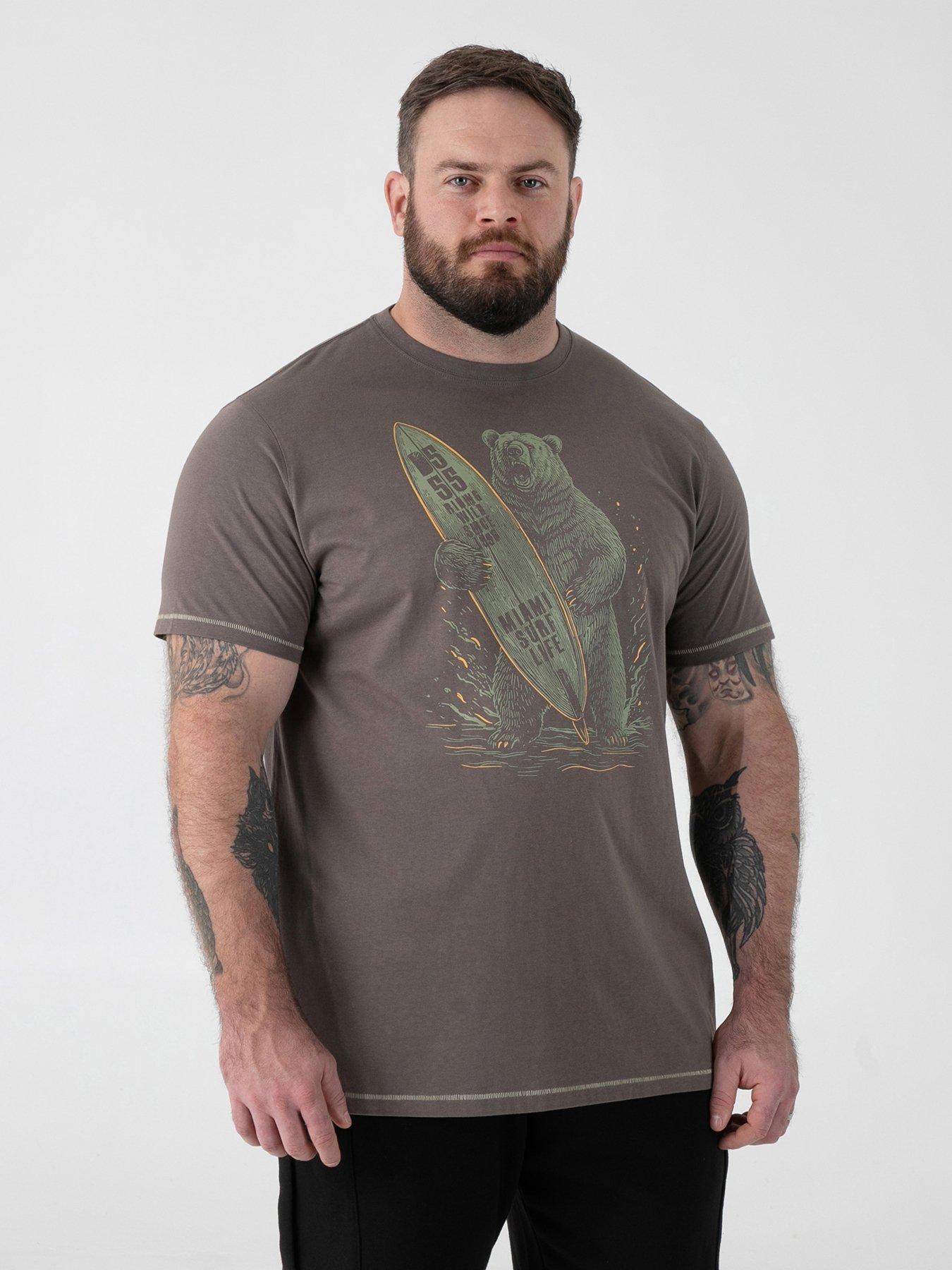 D555 Surfing Bear Printed Crew Neck T-Shirt - Khaki
