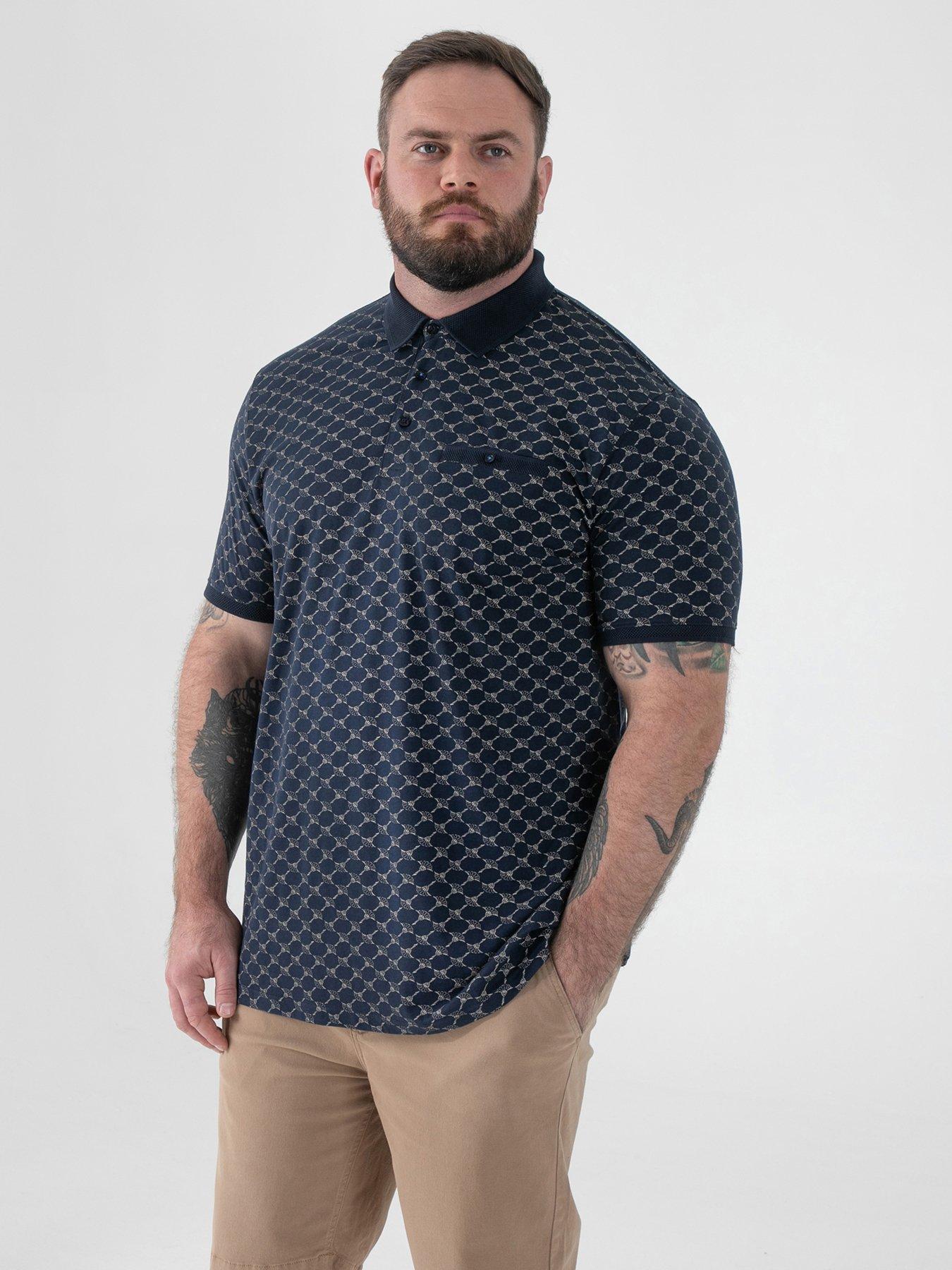 Image 1 of 6 of D555 Ao Printed Jacquard Collar And Cuff Polo Shirt With Chest Pocket - Navy