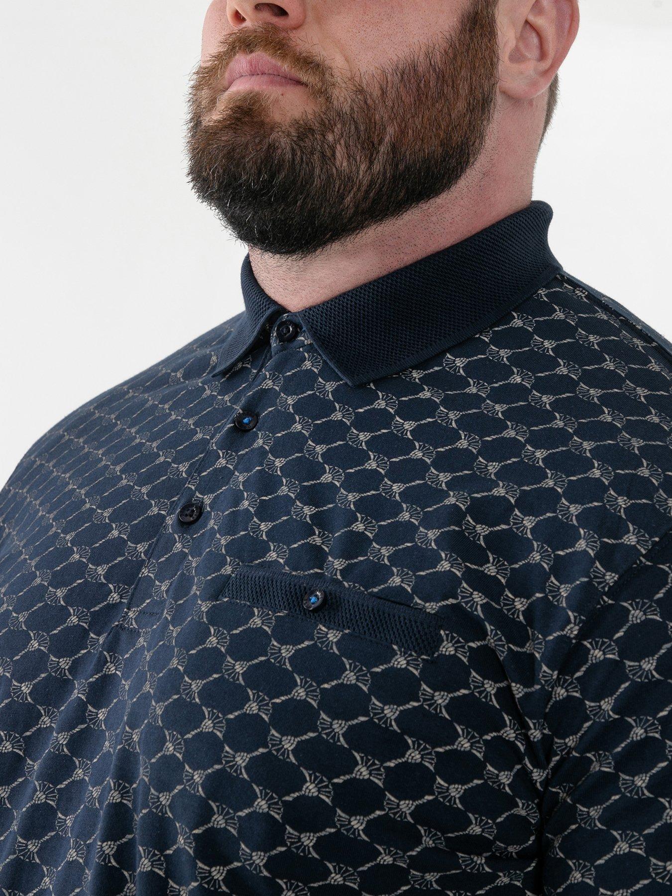 Image 4 of 6 of D555 Ao Printed Jacquard Collar And Cuff Polo Shirt With Chest Pocket - Navy