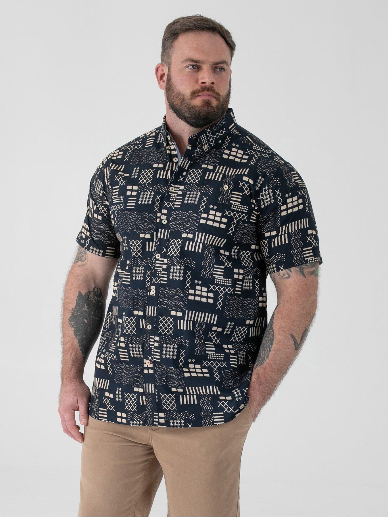 D555 D555 Navy Geometric Print Short Sleeve Button Down Collar Shirt