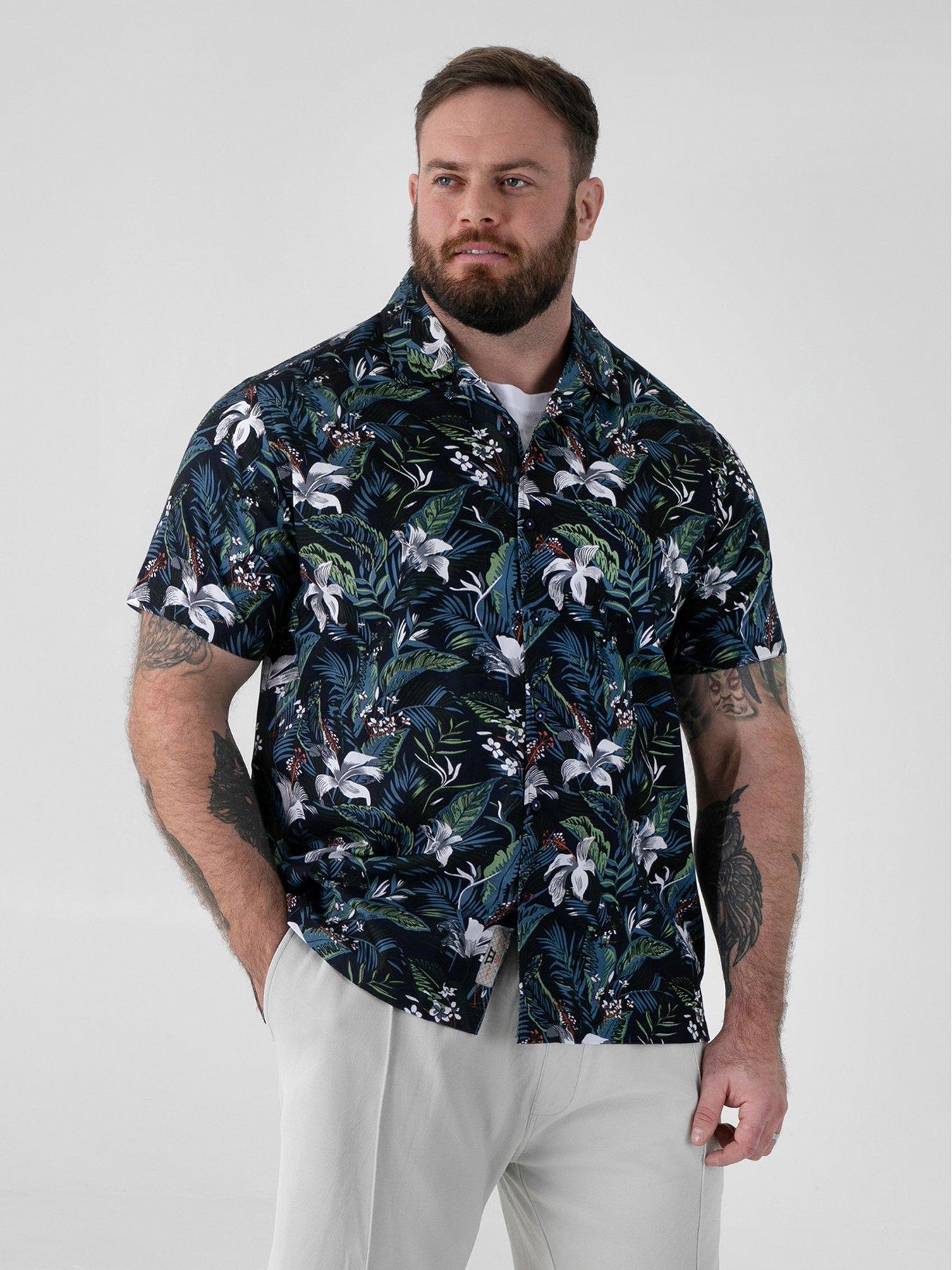 D555 Hawaiian Printed Cuban Collar Resort Short Sleeve Shirt - Blue