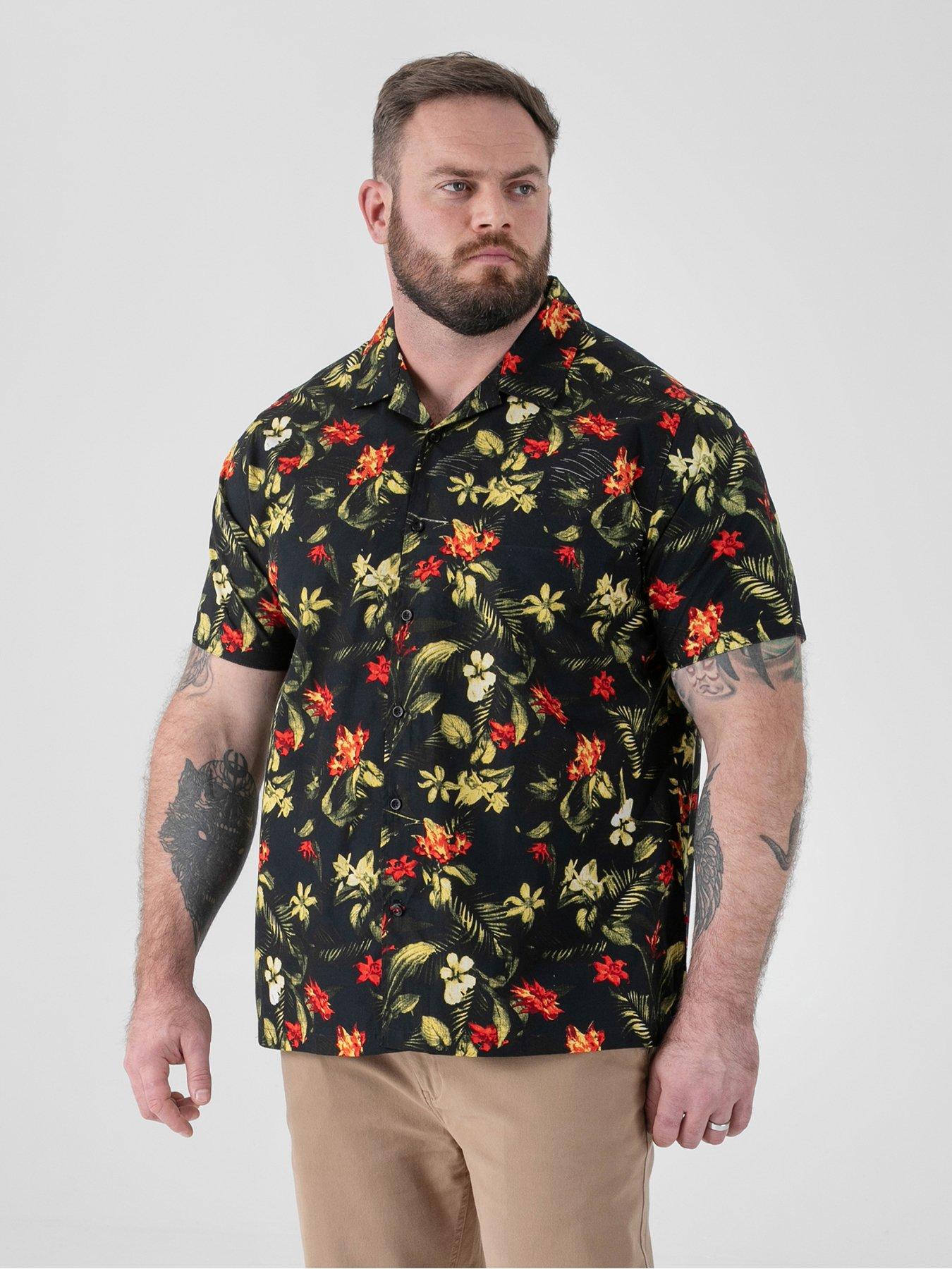 D555 Hawaiian Printed Cuban Collar Resort Short Sleeve Shirt - Black