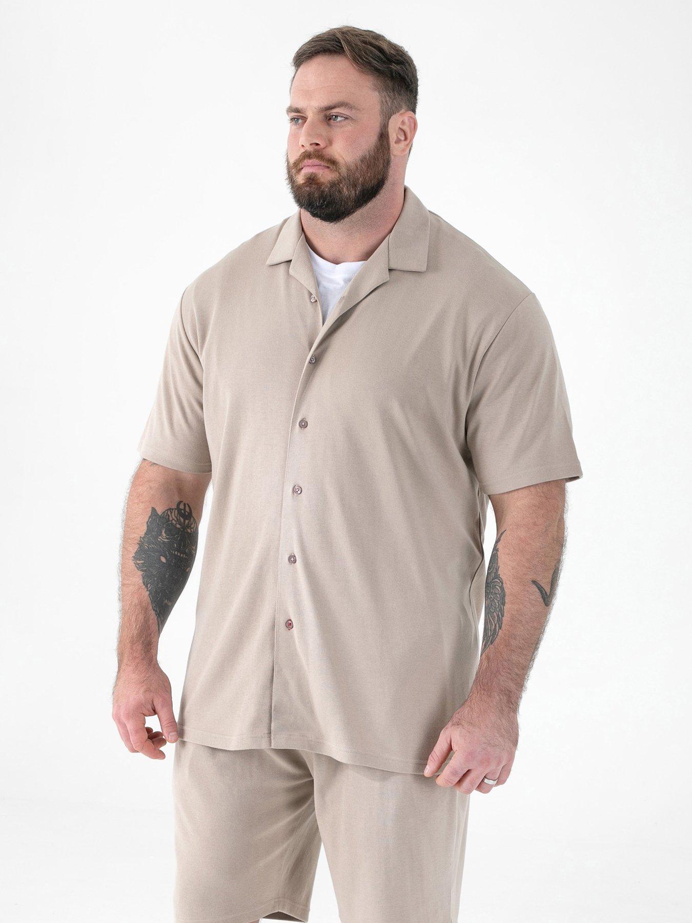 D555 Stone Stretch Cuban Collar Resort Short Sleeve Shirt - Beige