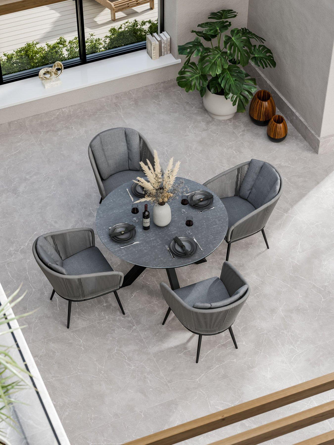 Royalcraft Aspen Round Ceramic Grey Top Garden Table With 4 Rope Chairs