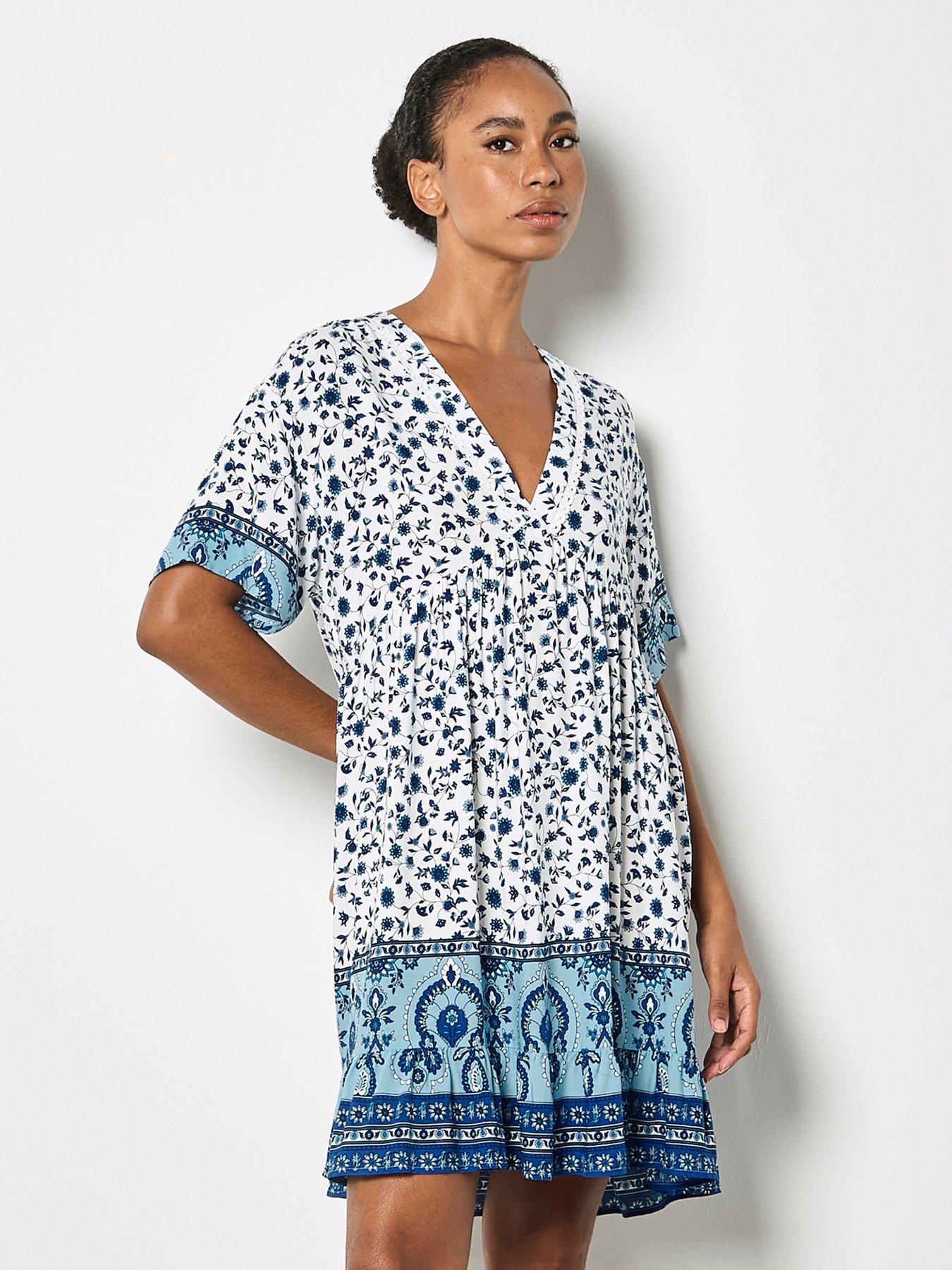 Apricot Sarasa Ditsy Border Dress - Blue