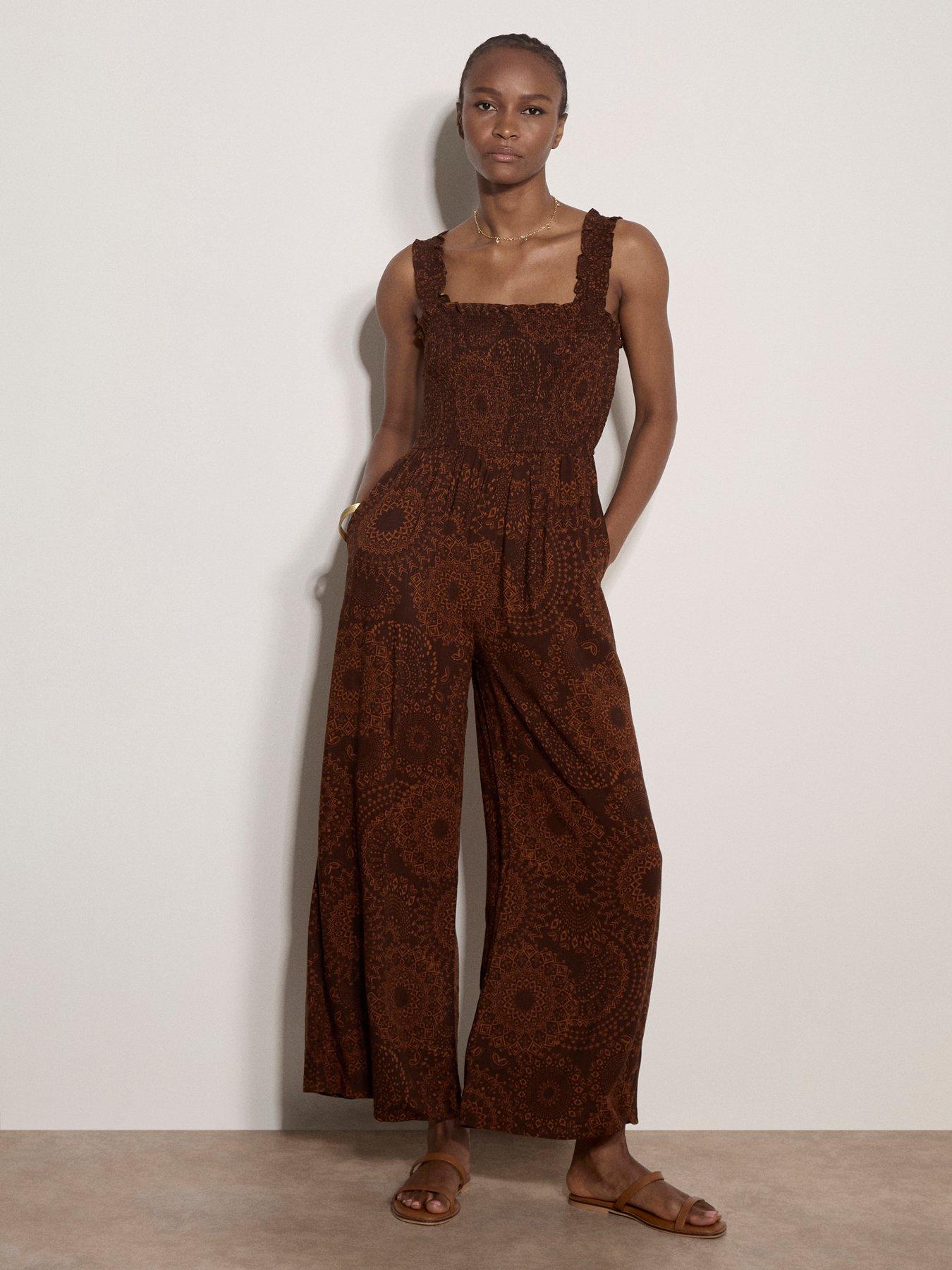 Image 1 of 4 of Apricot Mono Kaleidoscope Smock Jumpsuit - Brown