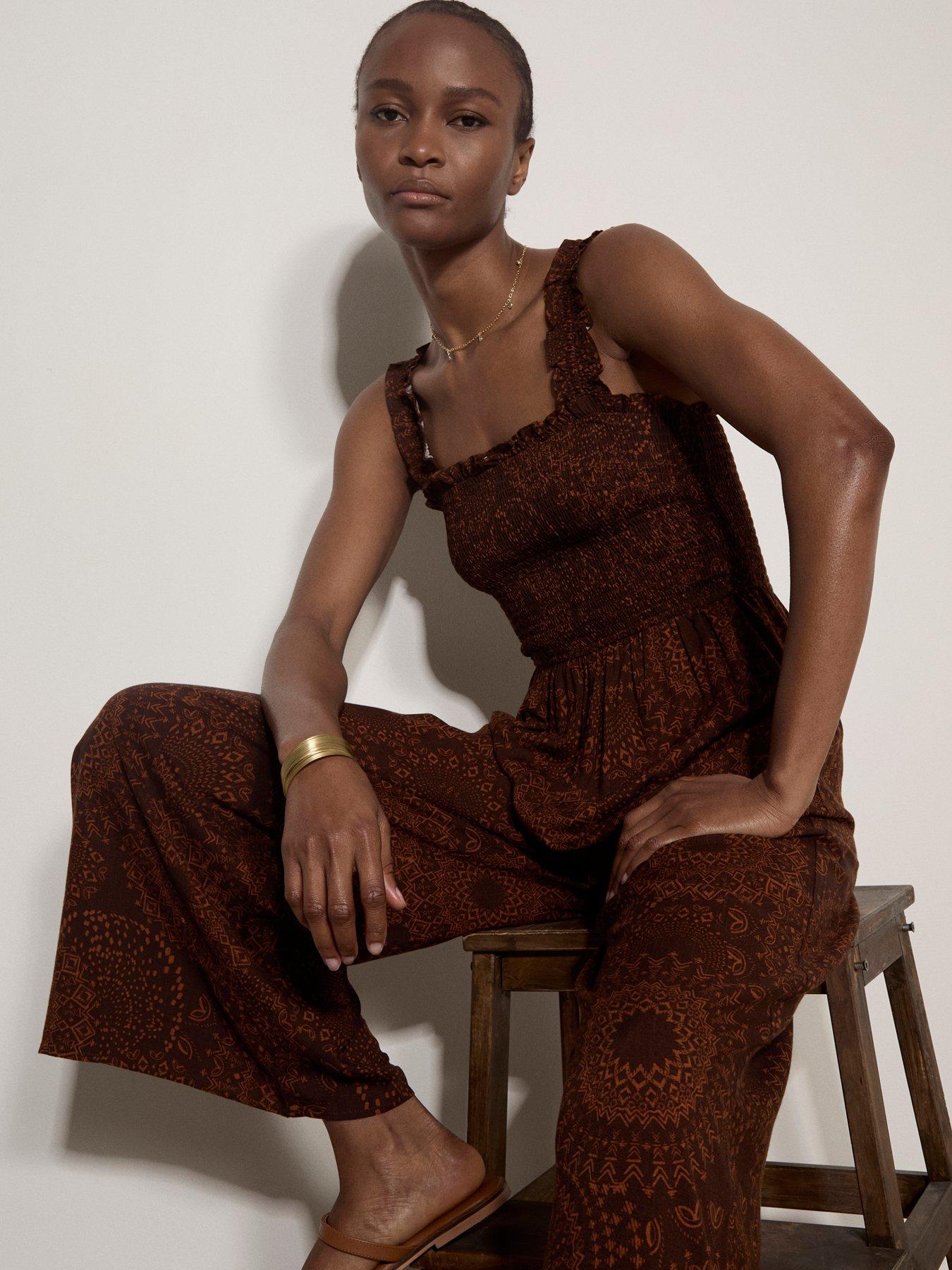 Image 3 of 4 of Apricot Mono Kaleidoscope Smock Jumpsuit - Brown