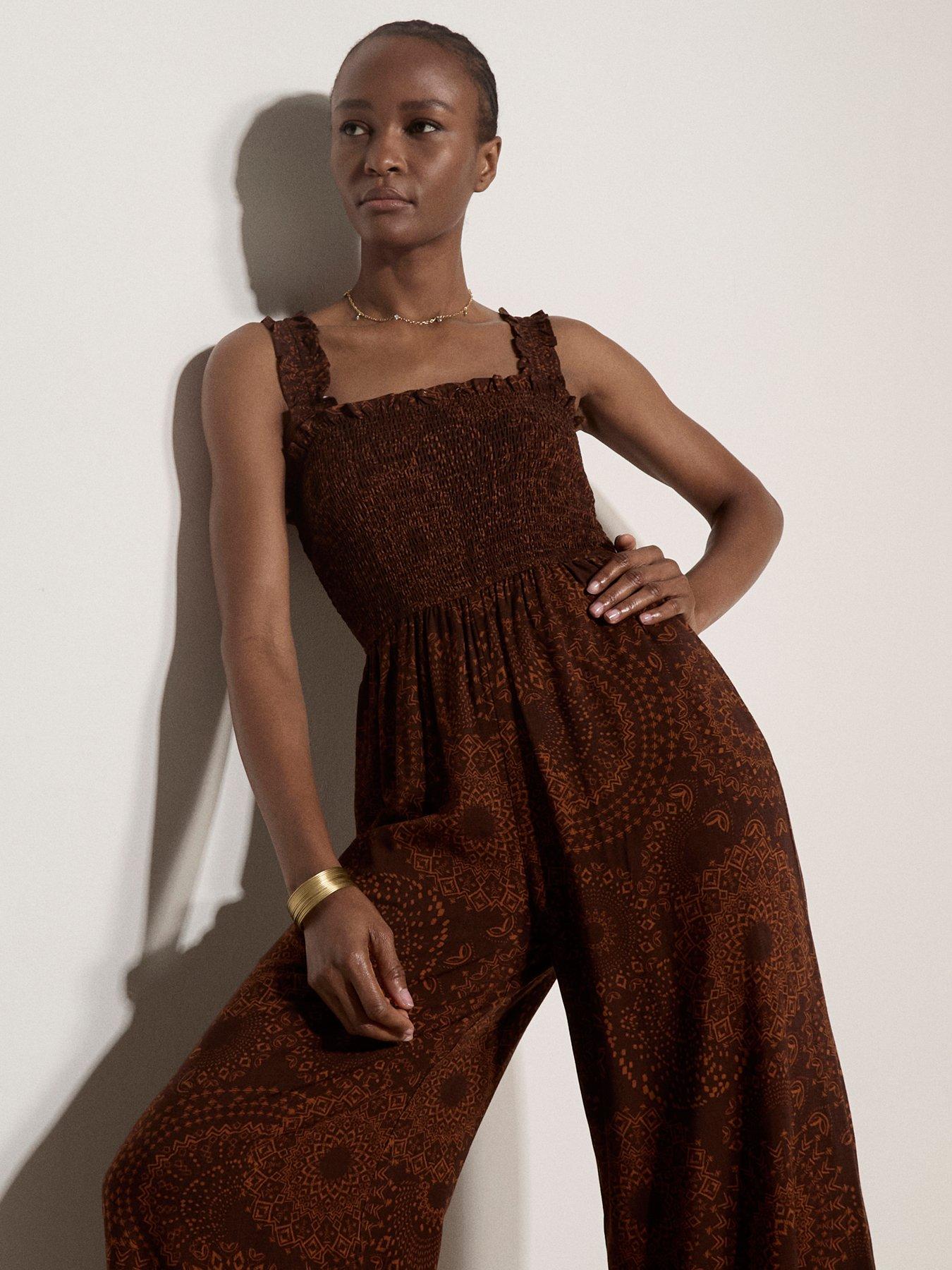 Image 4 of 4 of Apricot Mono Kaleidoscope Smock Jumpsuit - Brown