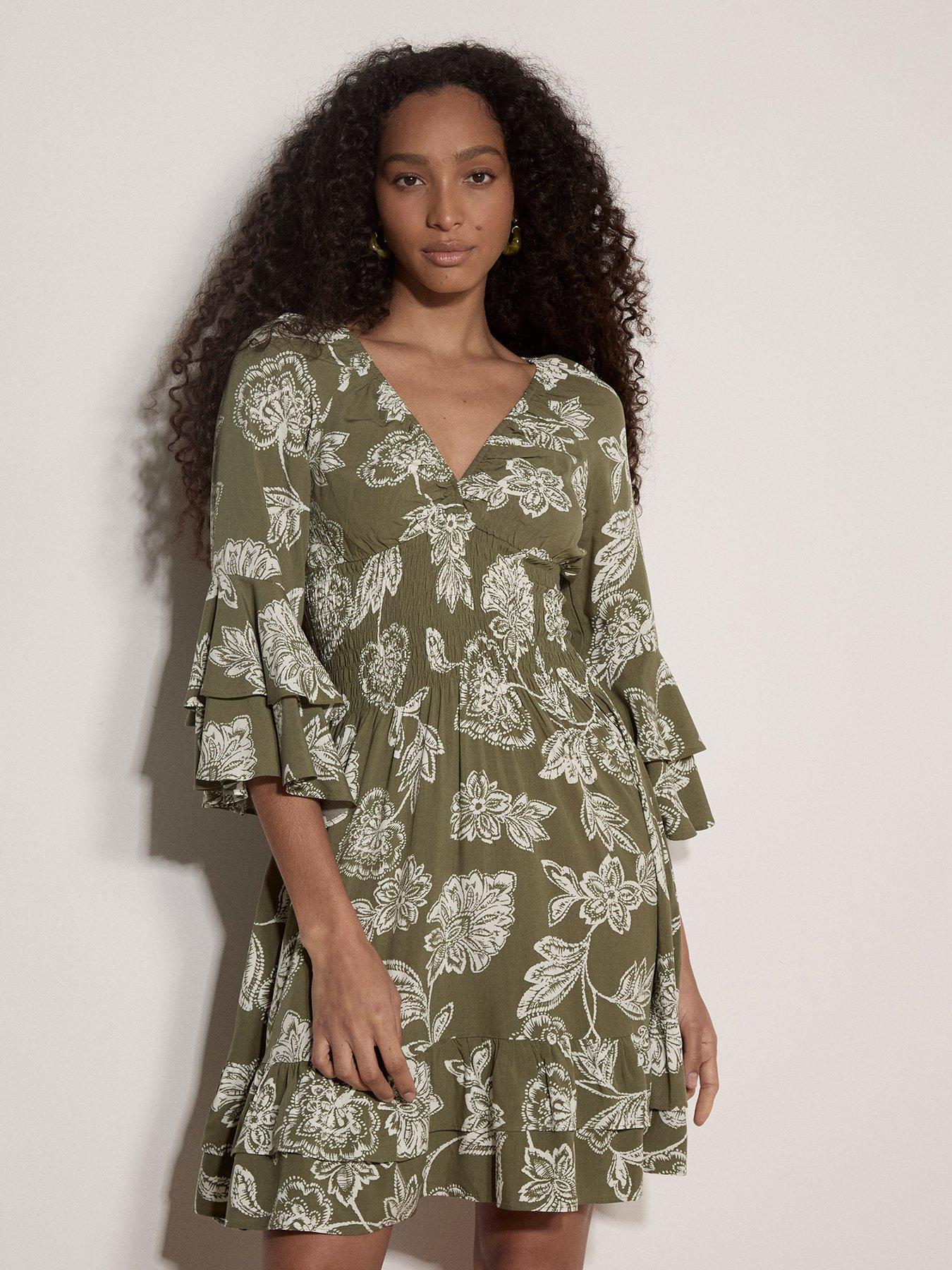 Apricot Bell Sleeve Smocked Waist Dress - Green