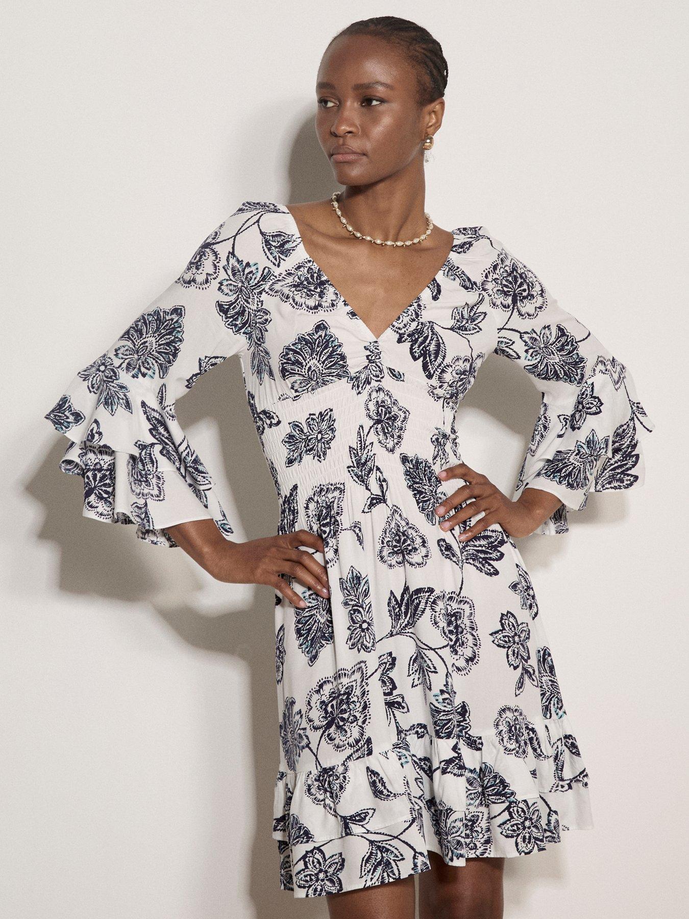 Apricot Bell Sleeve Smocked Waist Dress - Blue
