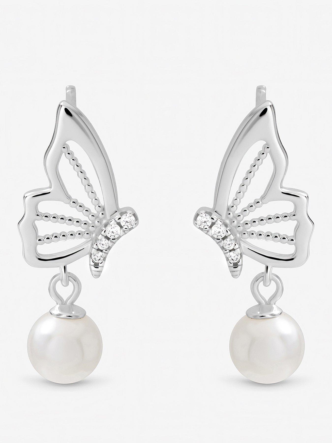 Inicio Inicio Sterling Silver Plated Polished Butterfly Pearl Drop Earrings