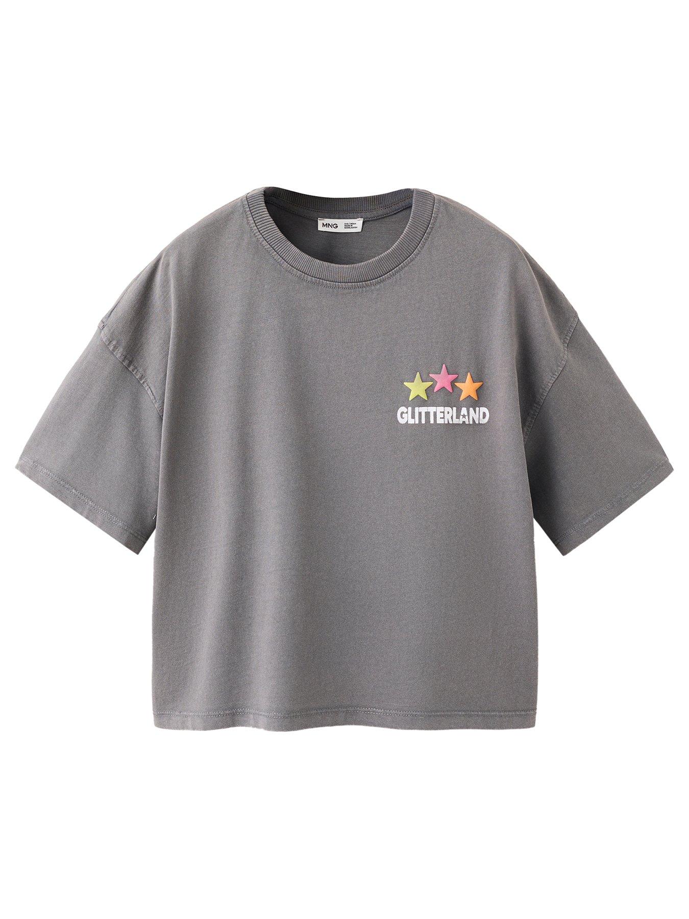 Image 2 of 2 of Mango Girls Glitterland Back Print Short Sleeve T-shirt - Dark Grey