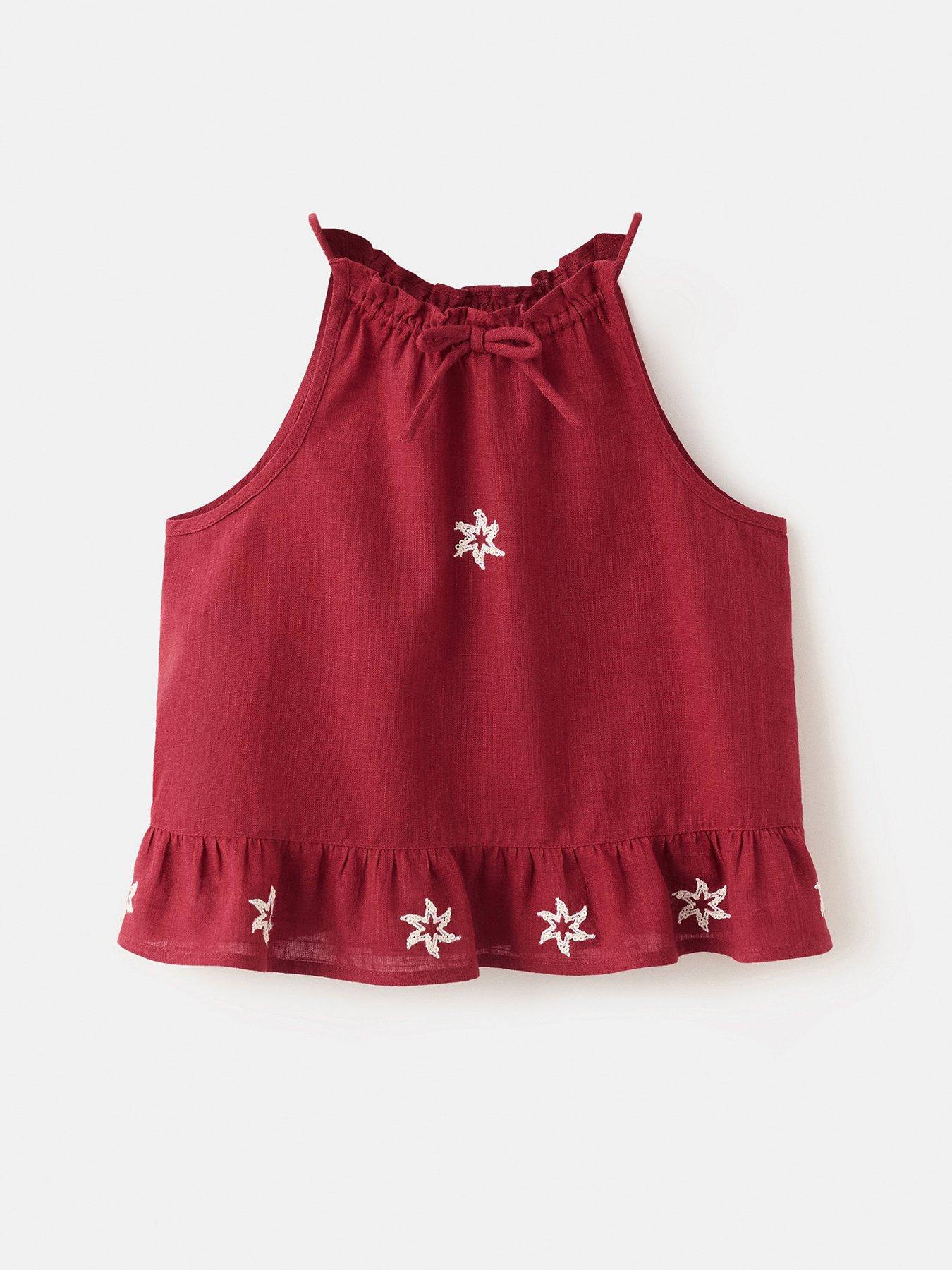 Mango Girls Star Embroidered Top - Dark Red