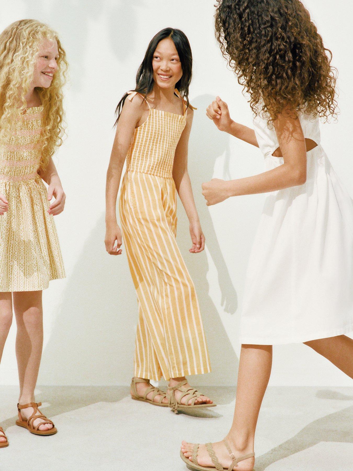 Image 1 of 5 of Mango Girls Tie Strap Shirred Jumpsuit - Yellow