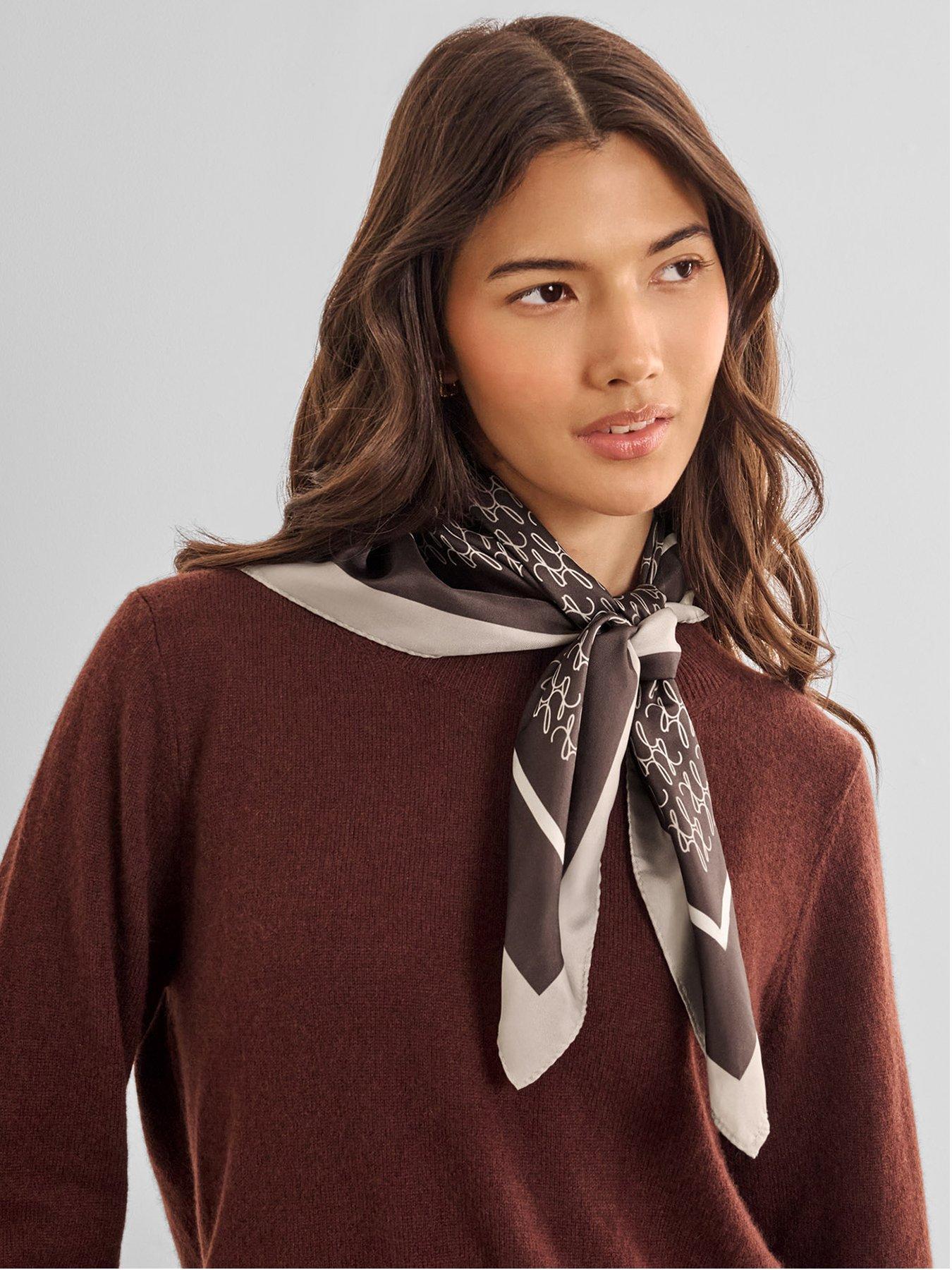 Katie Loxton Satin Multiway Kl Script Logo Scarf - Chocolate / Taupe / Off White