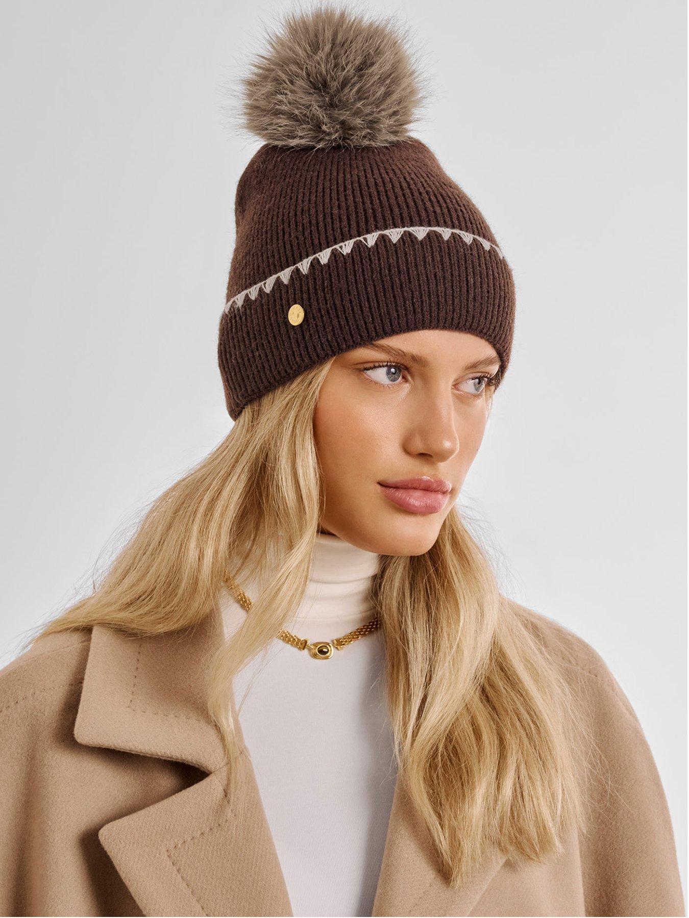Katie Loxton Whipstitch Pom Pom Knitted Hat - Chocolate