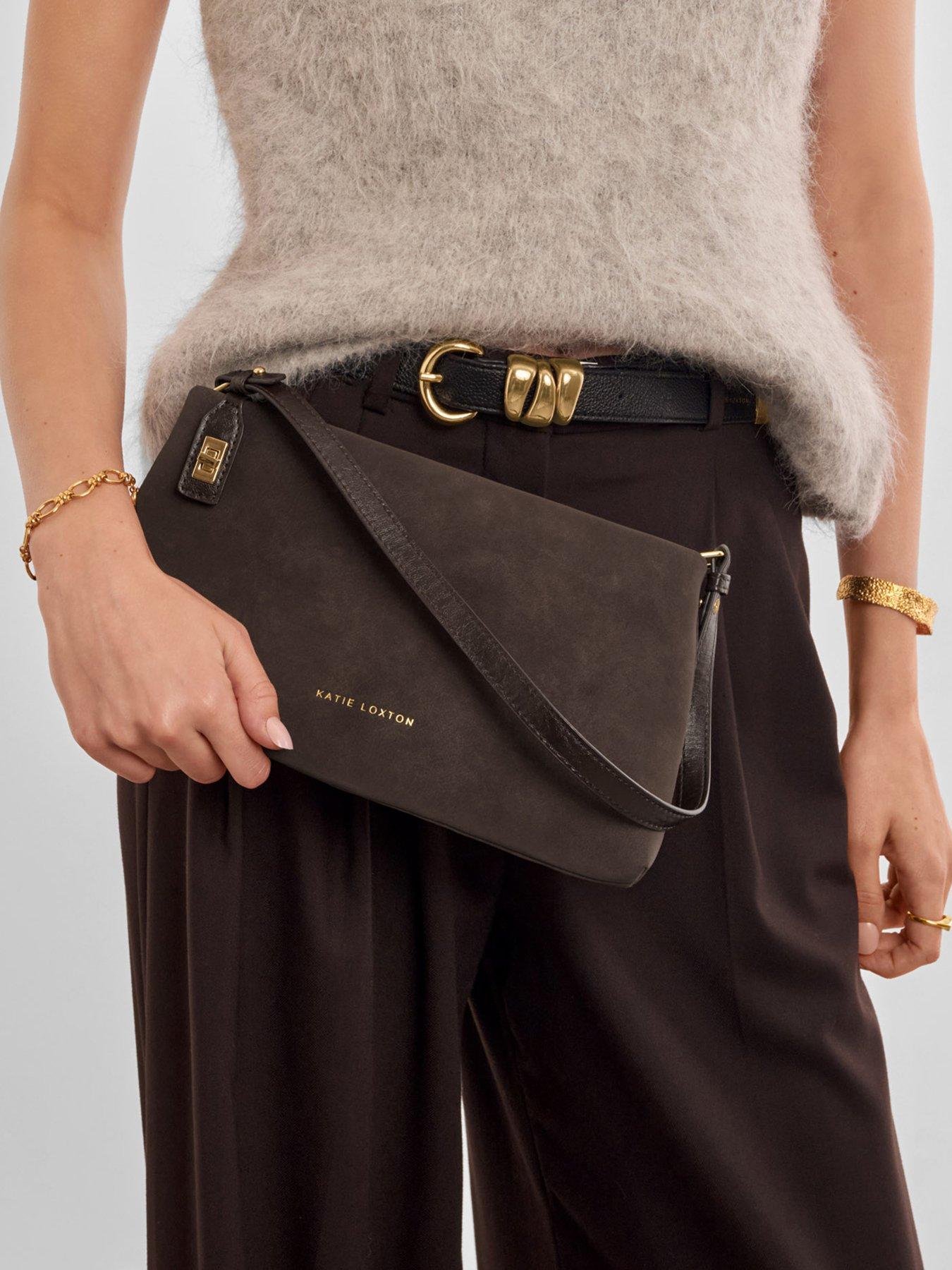 Image 1 of 6 of Katie Loxton Orin Twist Lock Small Shoulder - Bitter Chocolate Suedette / Chocolate Distressed