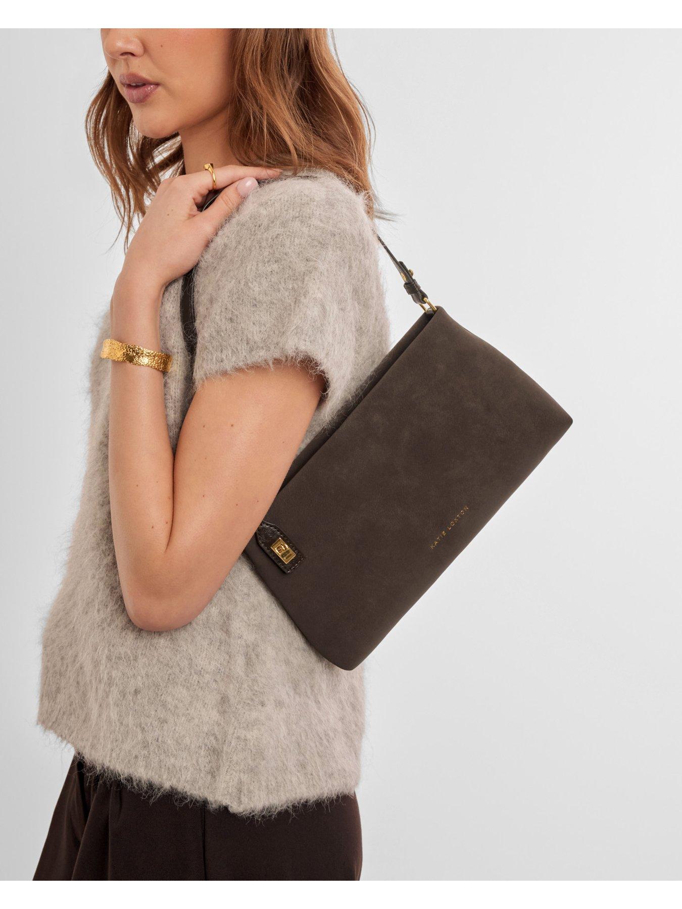 Image 3 of 6 of Katie Loxton Orin Twist Lock Small Shoulder - Bitter Chocolate Suedette / Chocolate Distressed